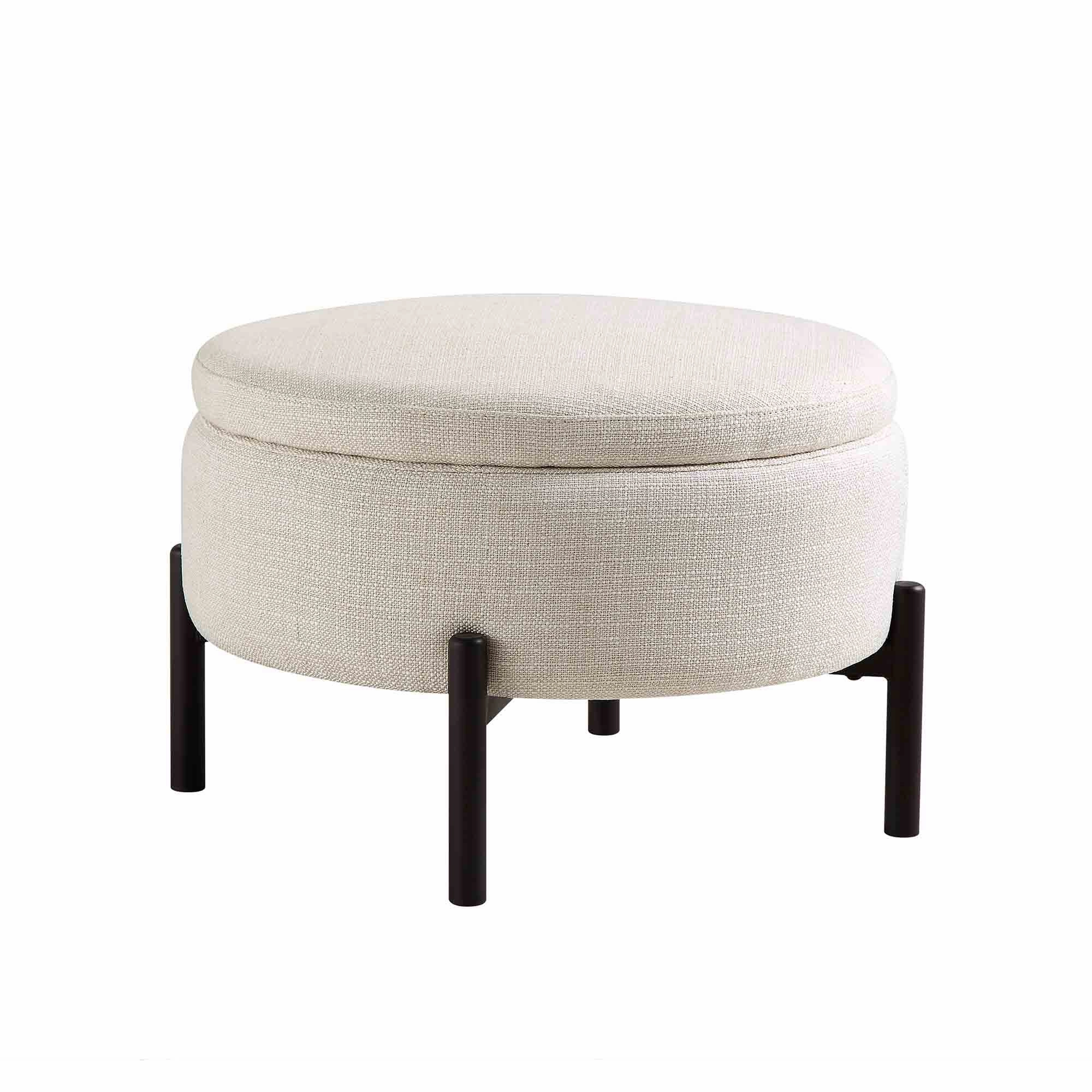 Amboise Round Storage Pouffe, Beige Linen Blend