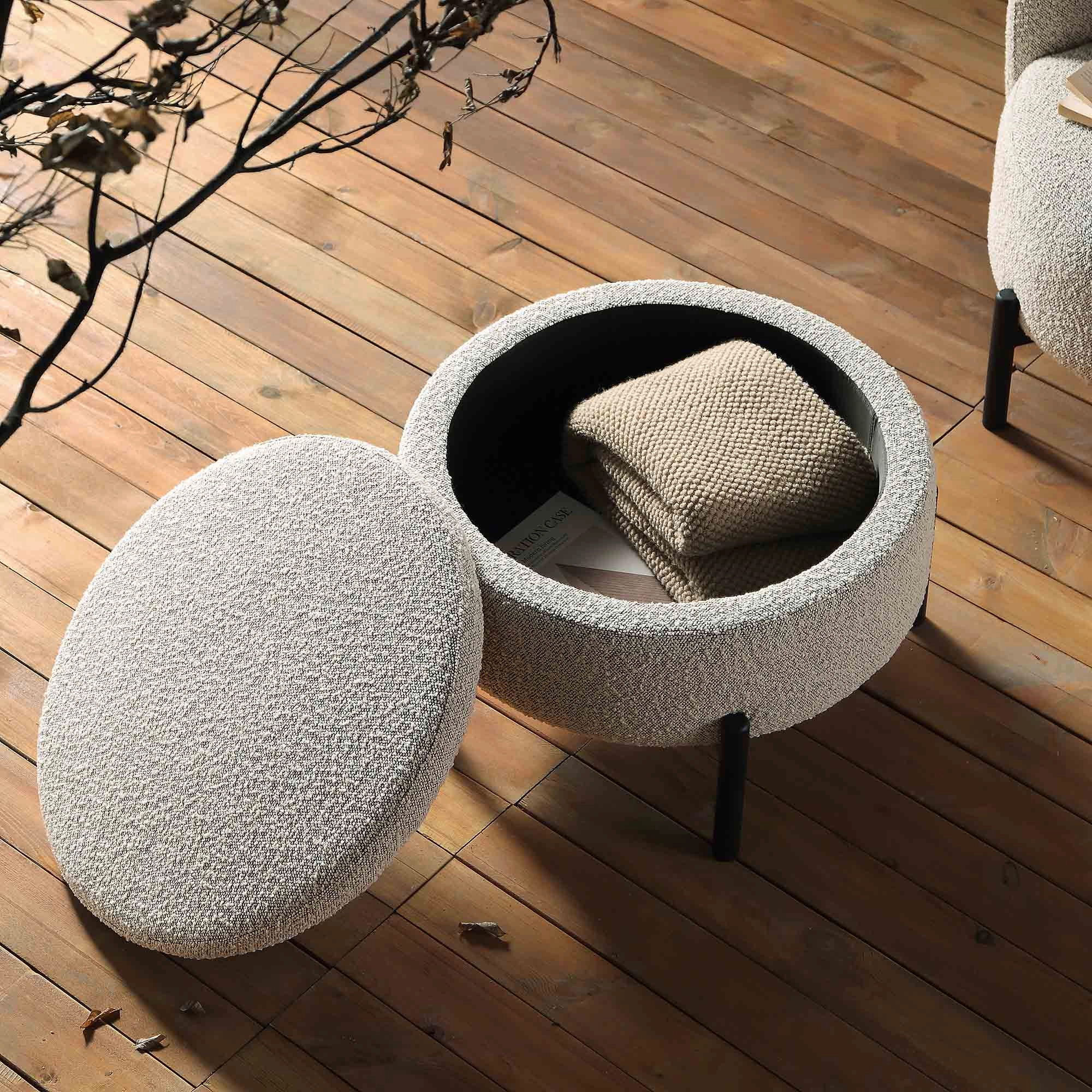Amboise Round Storage Pouffe, Mist Grey Boucle