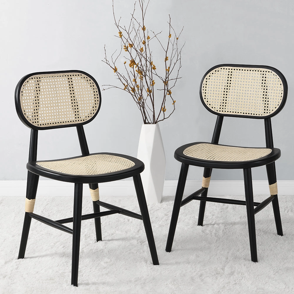 Anya  Set of 2 Cane Rattan and Upholstered Dining Chairs, Black Colour