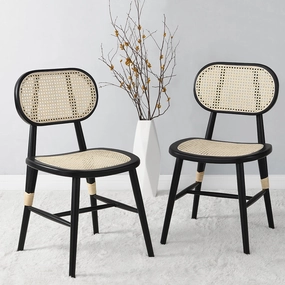 Anya  Set of 2 Cane Rattan and Upholstered Dining Chairs, Black Colour
