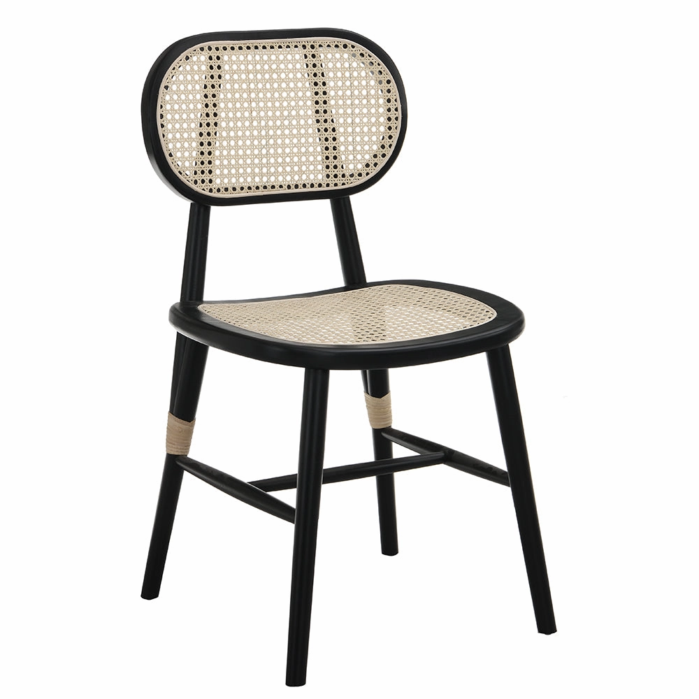 Anya  Set of 2 Cane Rattan and Upholstered Dining Chairs, Black Colour