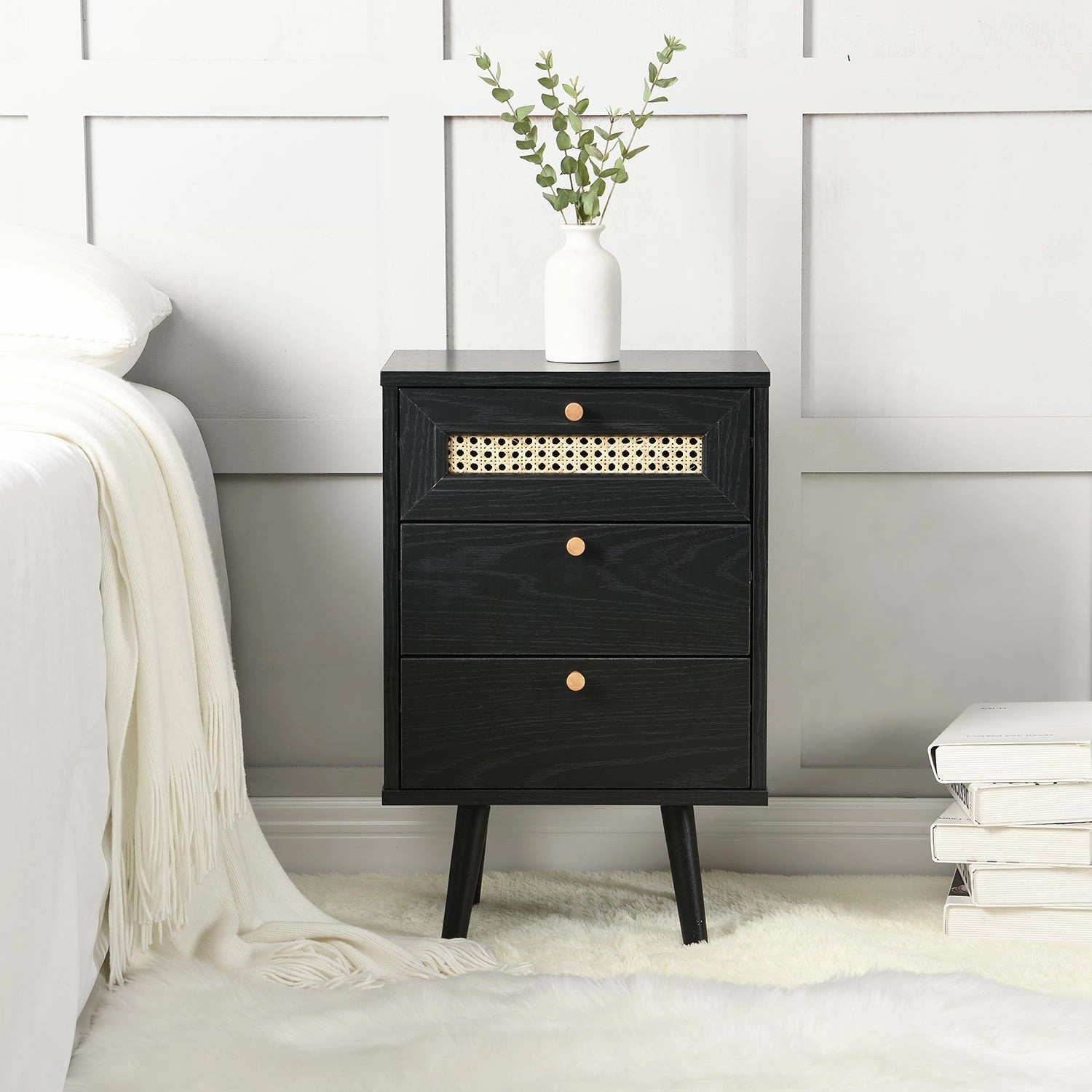Anya Woven Rattan 3-Drawer Bedside Table in Black Colour