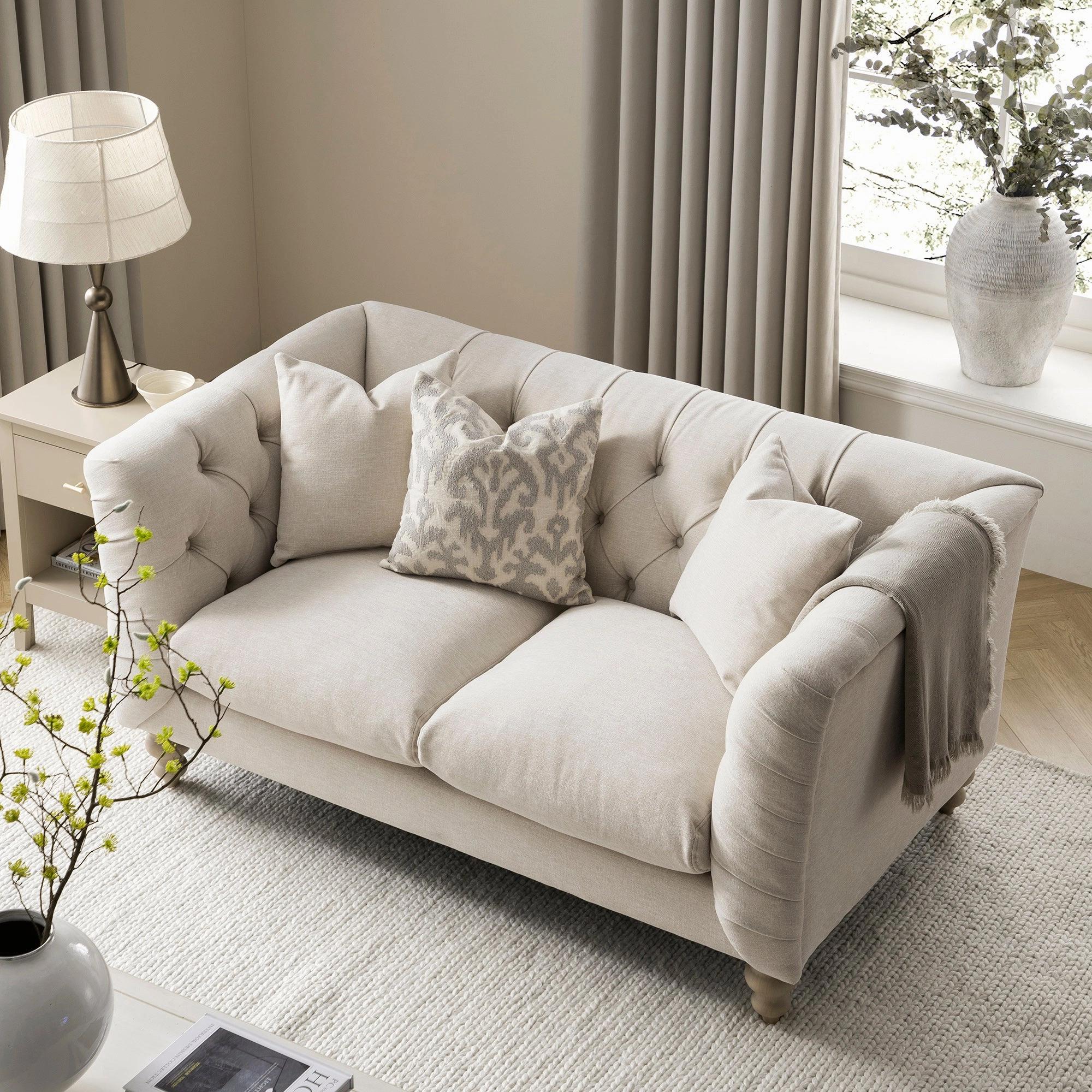 Ashby Chesterfield 2-Seater Sofa, Oatmeal Chenille