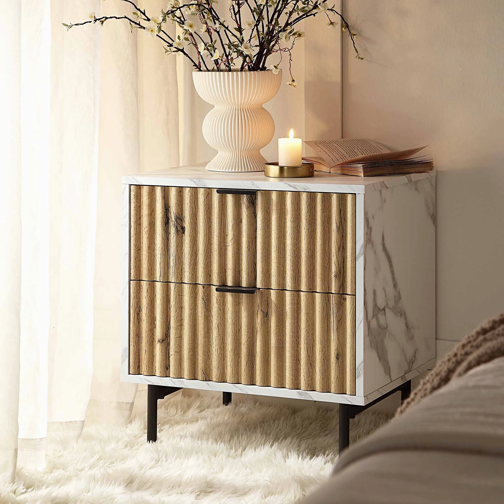 Aspen Oak and Marble Effect 2-Drawer Bedside Table