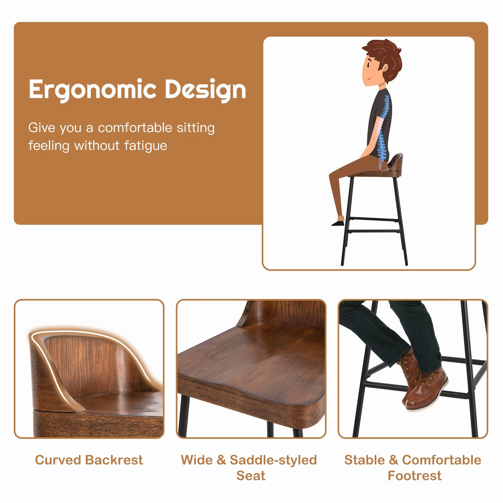 Bar Stool, 24.5-Inch Height Industrial Pub Stool with Backrest and Footrest, Metal Legs, Low-Back Breakfast