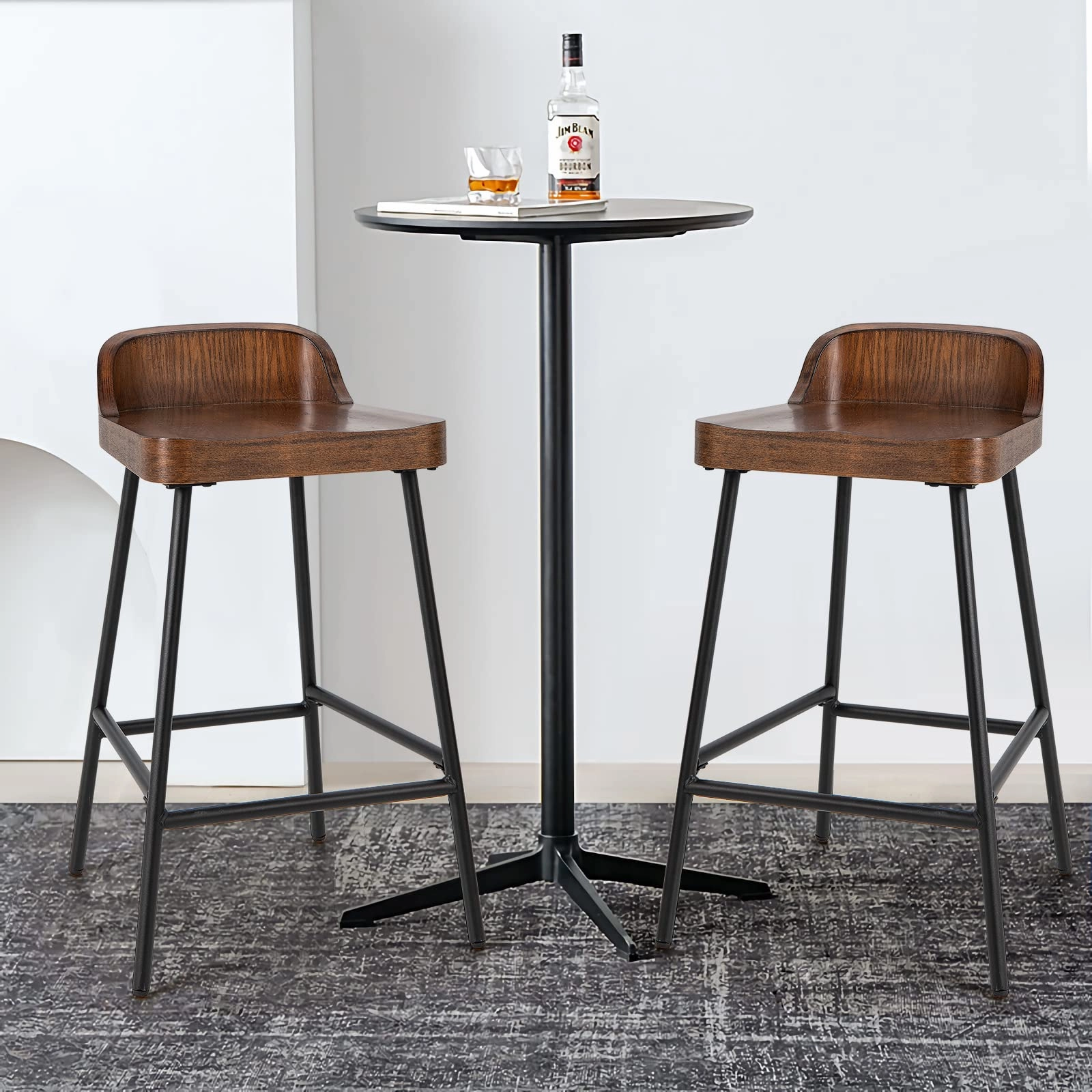 Bar Stool, 24.5-Inch Height Industrial Pub Stool with Backrest and Footrest, Metal Legs, Low-Back Breakfast