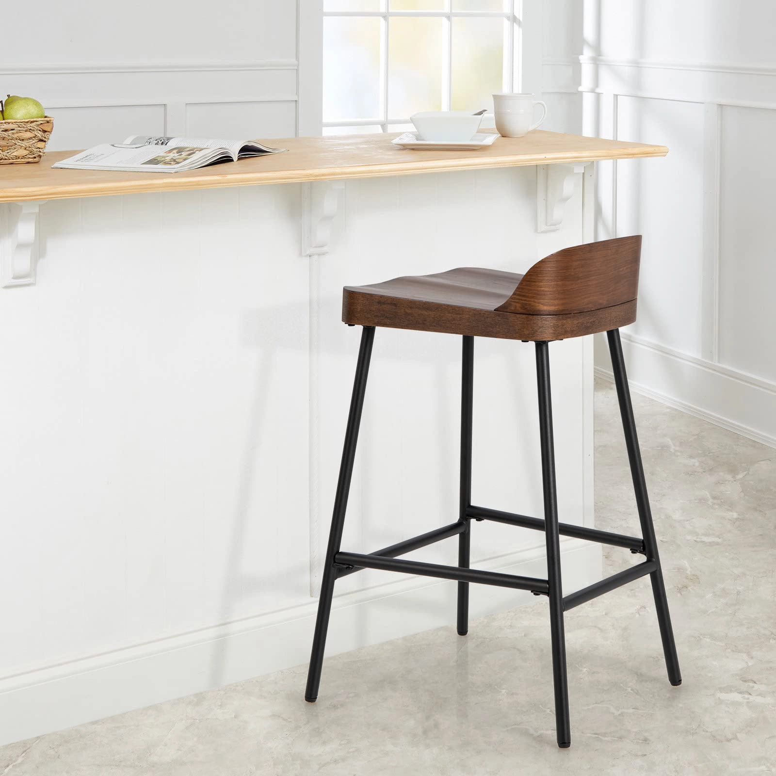 Bar Stool, 24.5-Inch Height Industrial Pub Stool with Backrest and Footrest, Metal Legs, Low-Back Breakfast