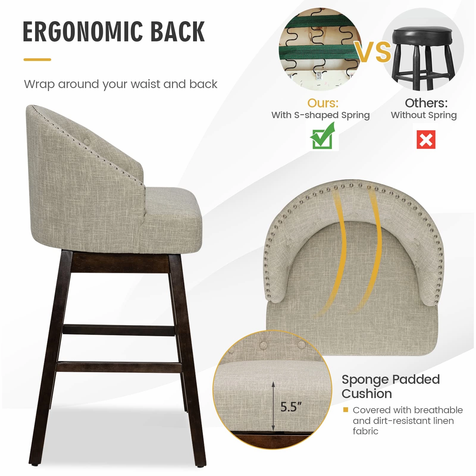 Bar Stools Set of 2, 31 Swivel Bar Stools with Rubber Wood Legs & Padded Back