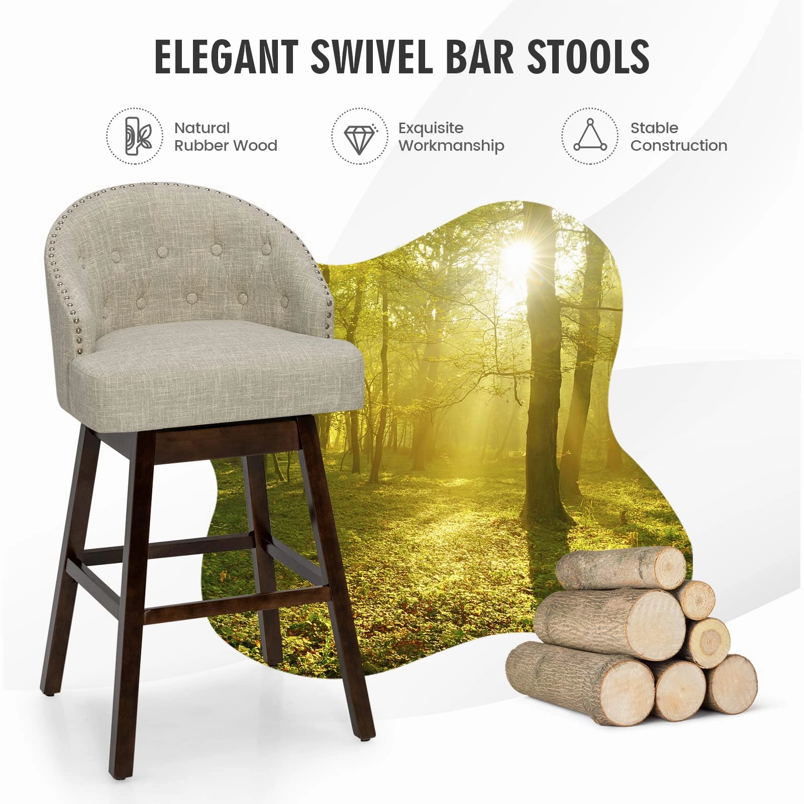 Bar Stools Set of 2, 31 Swivel Bar Stools with Rubber Wood Legs & Padded Back