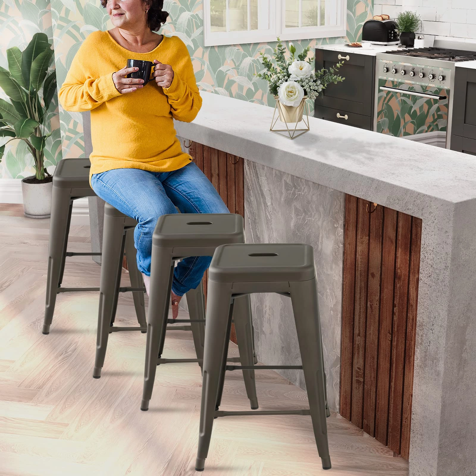 Bar Stools Set of 4, 24 or 30" Stackable Metal Stools with Square Seat & Handing Hole, X-shaped Reinforced Design