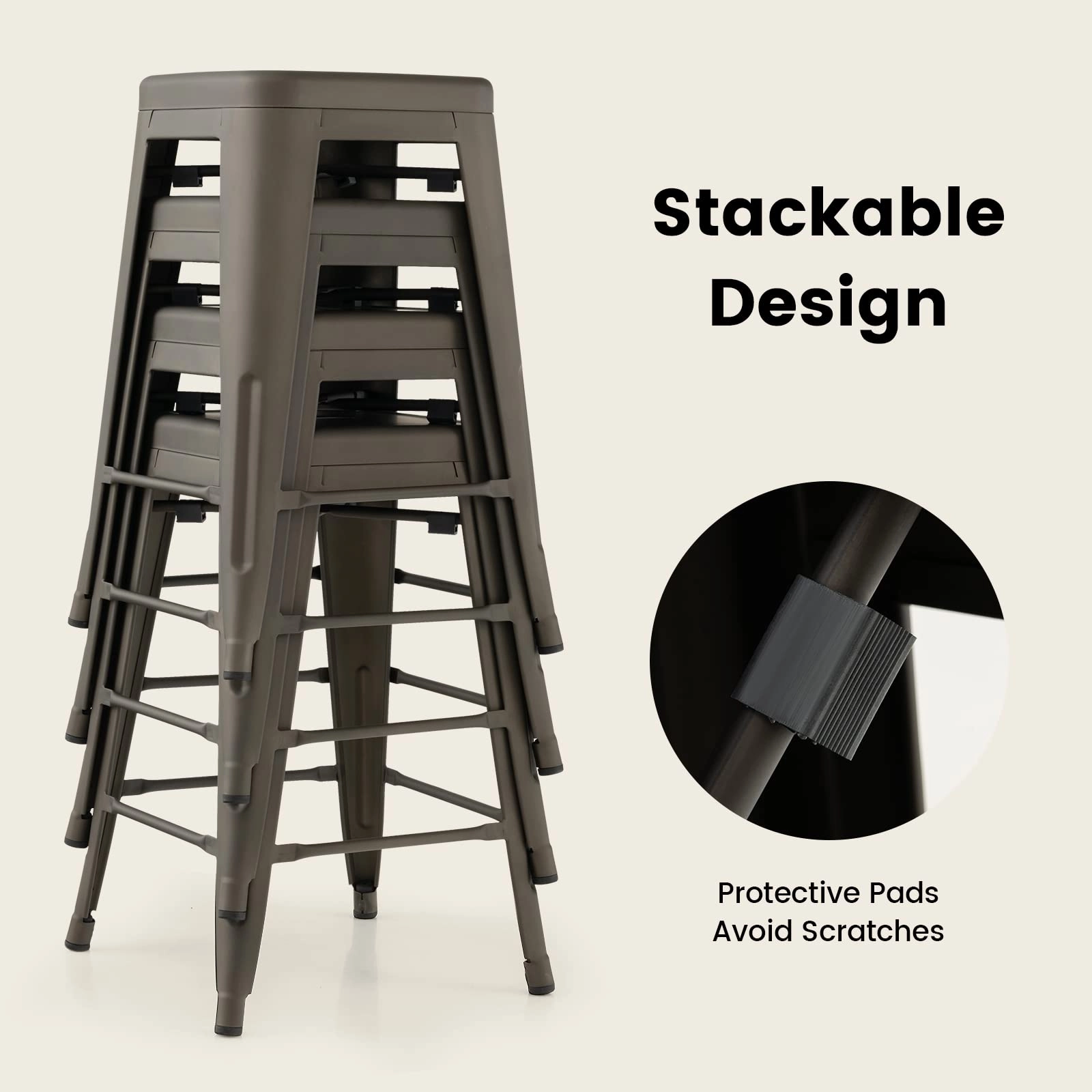 Bar Stools Set of 4, 24 or 30" Stackable Metal Stools with Square Seat & Handing Hole, X-shaped Reinforced Design
