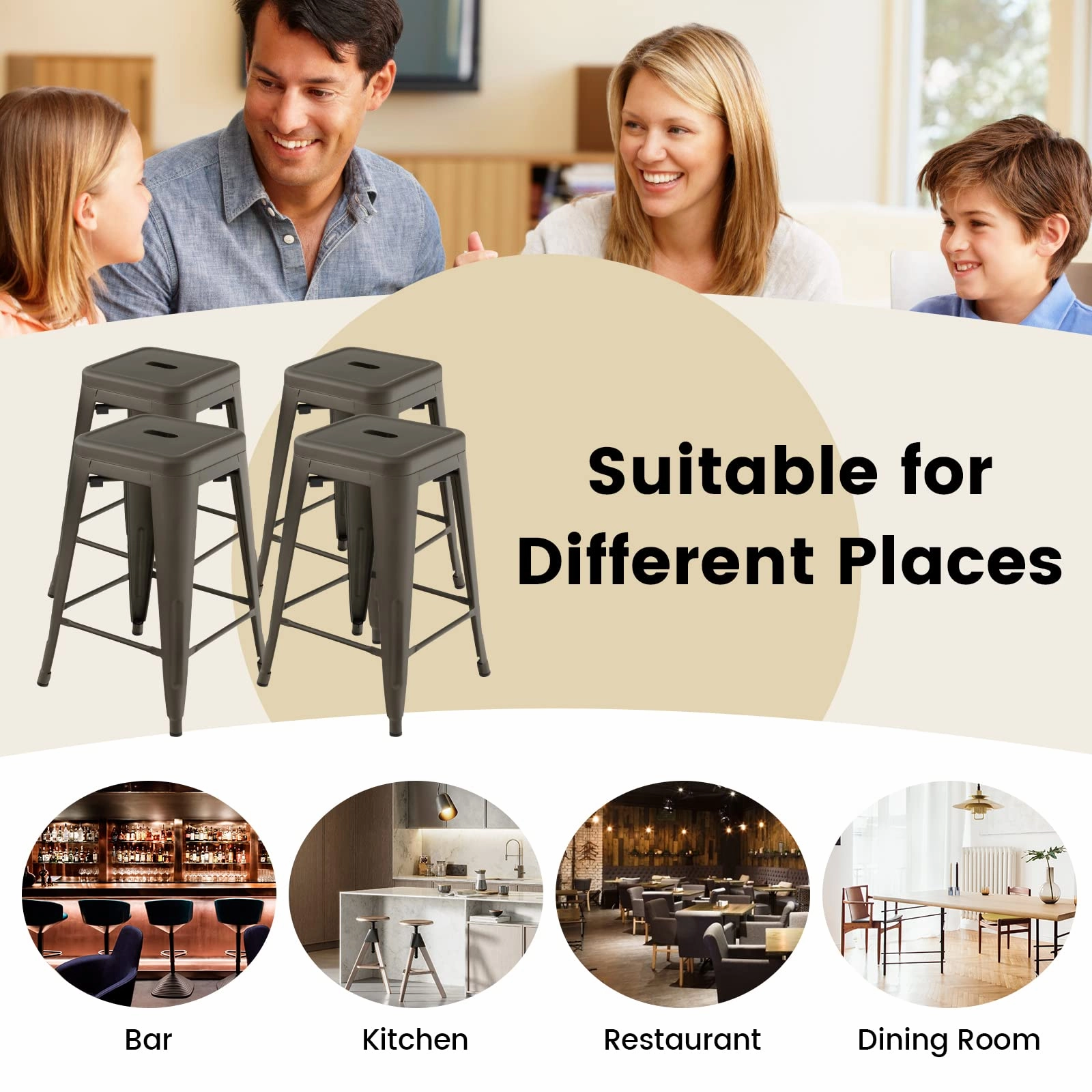 Bar Stools Set of 4, 24 or 30" Stackable Metal Stools with Square Seat & Handing Hole, X-shaped Reinforced Design