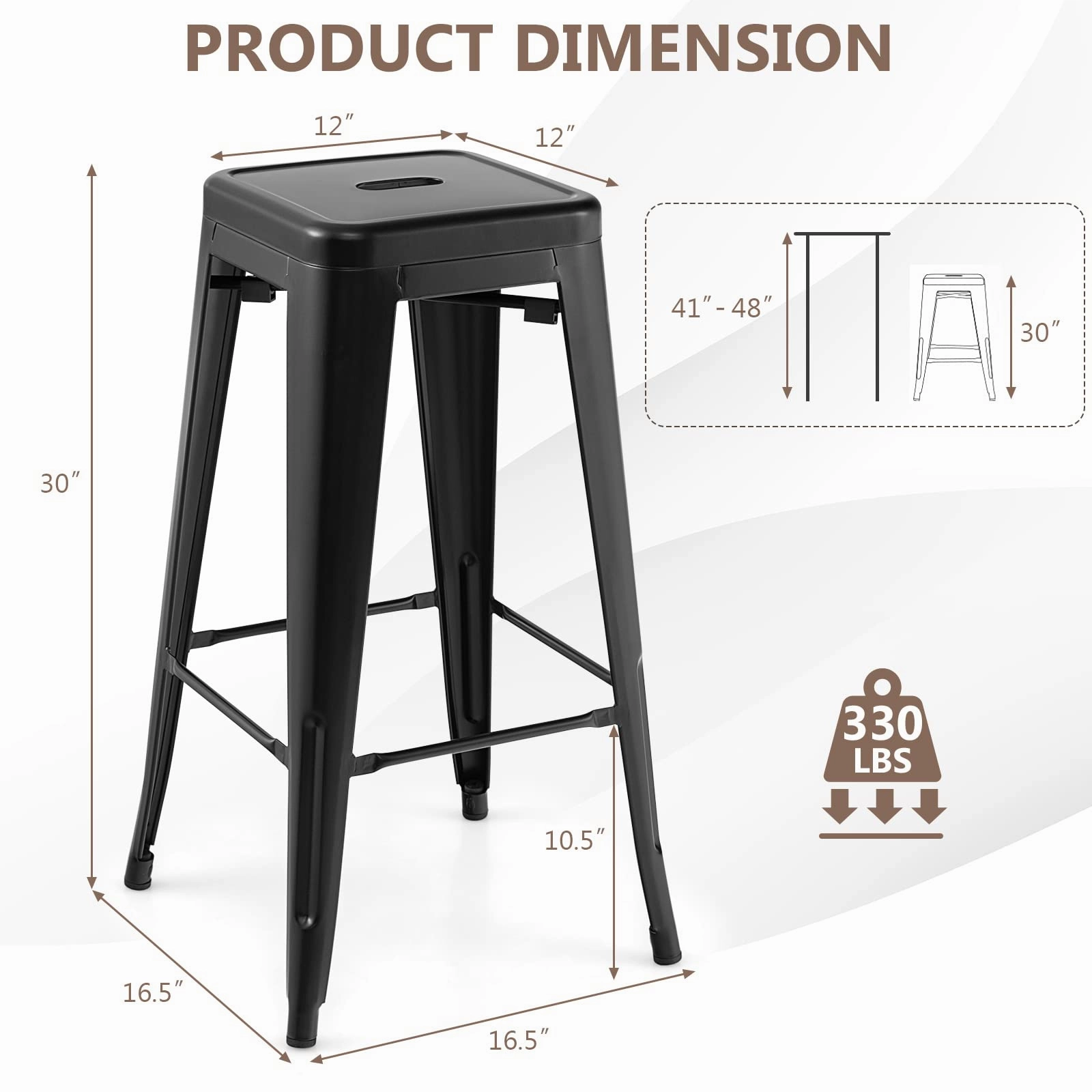 Bar Stools Set of 4, 24 or 30" Stackable Metal Stools with Square Seat & Handing Hole, X-shaped Reinforced Design