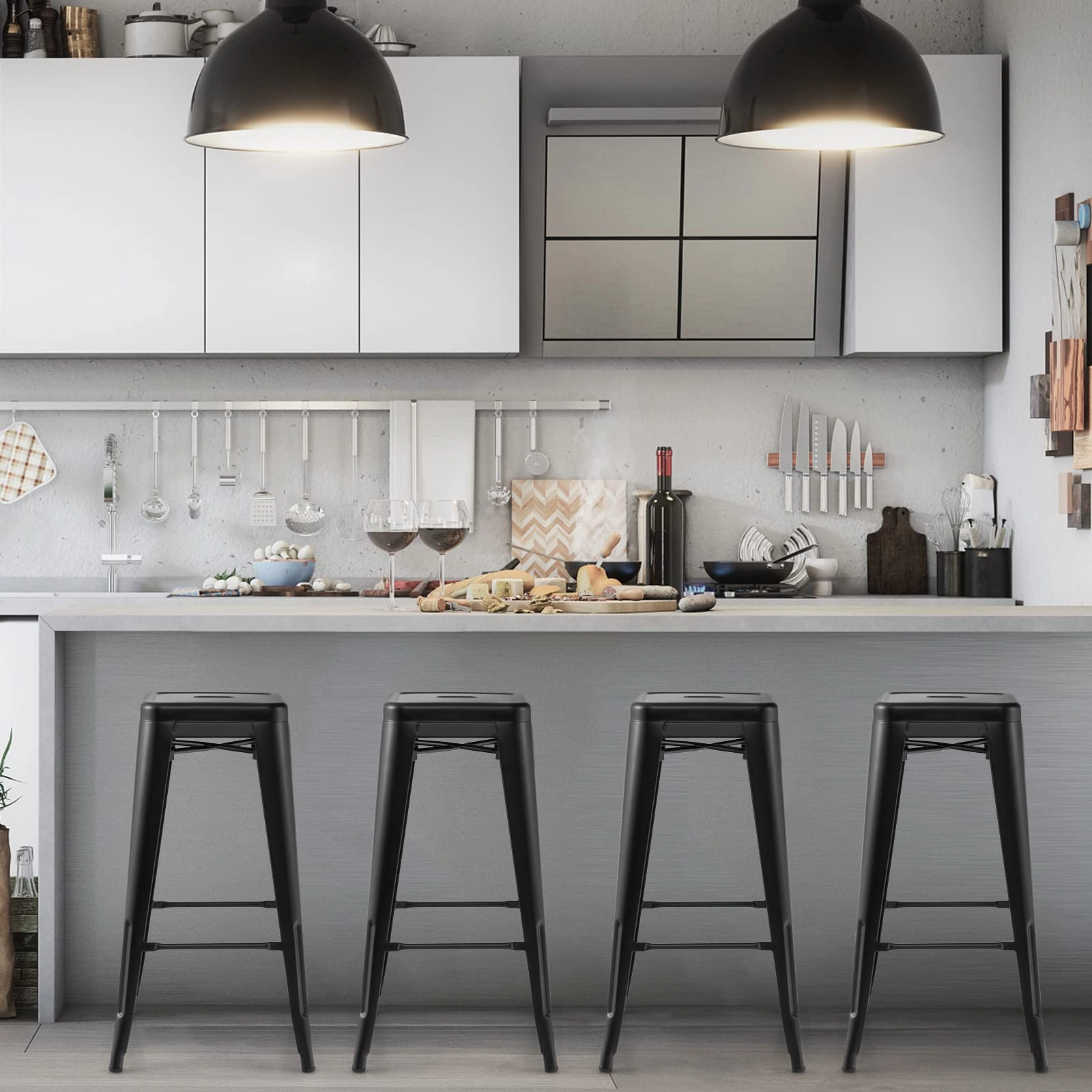 Bar Stools Set of 4, 24 or 30" Stackable Metal Stools with Square Seat & Handing Hole, X-shaped Reinforced Design