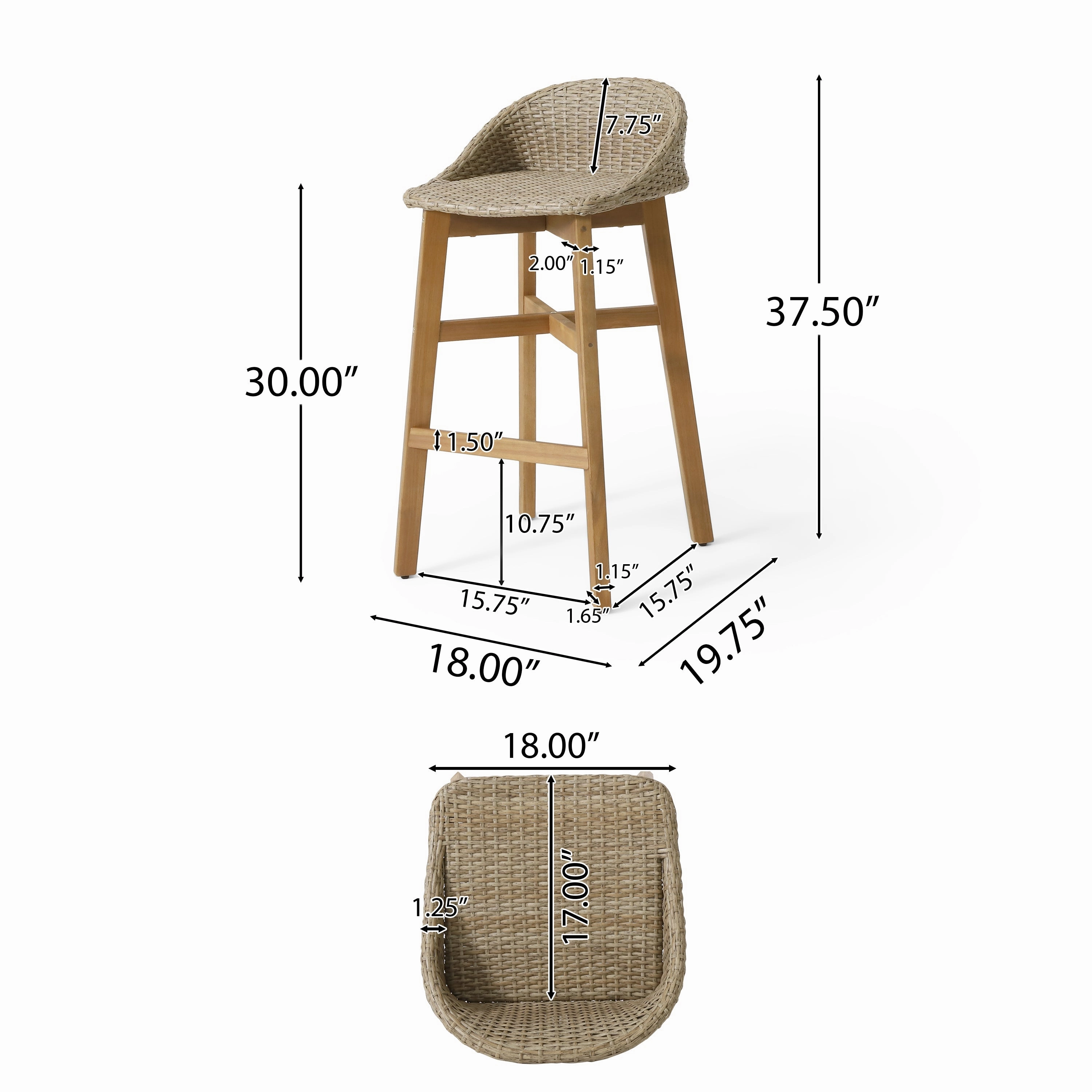 Beeson Outdoor Wicker and Acacia Wood 30 Inch Barstools, Set of 2, Light Multibrown and Teak