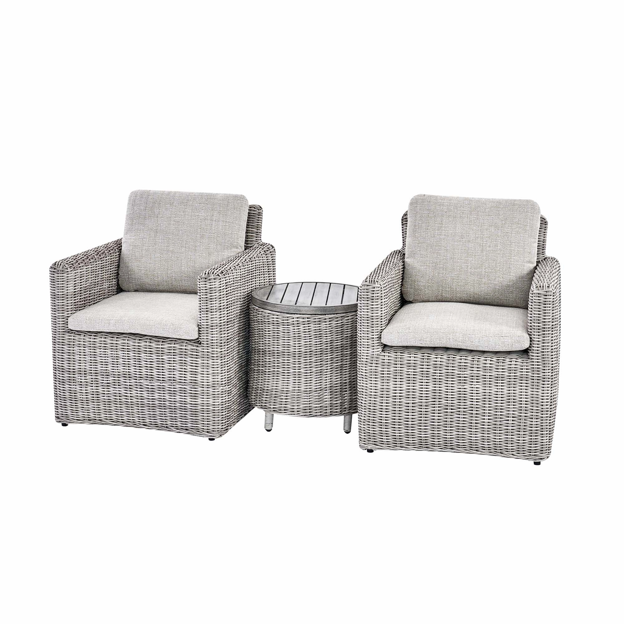 Bellagio Round Wicker Bistro Set with Rising Side Table, Light Grey