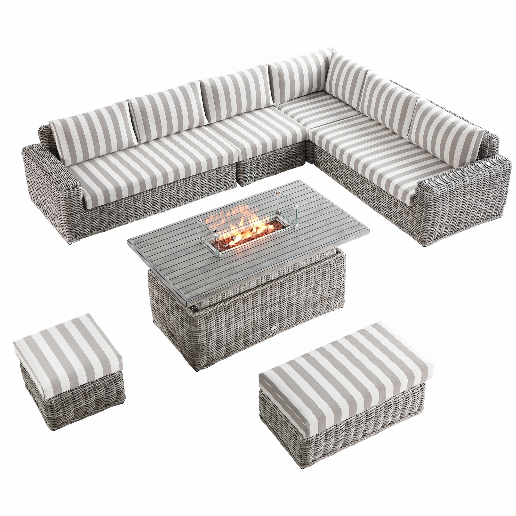 Bellagio Round Wicker Large Corner Casual Dining Set with Rising Firepit Table, Light Grey with Taupe Stripes