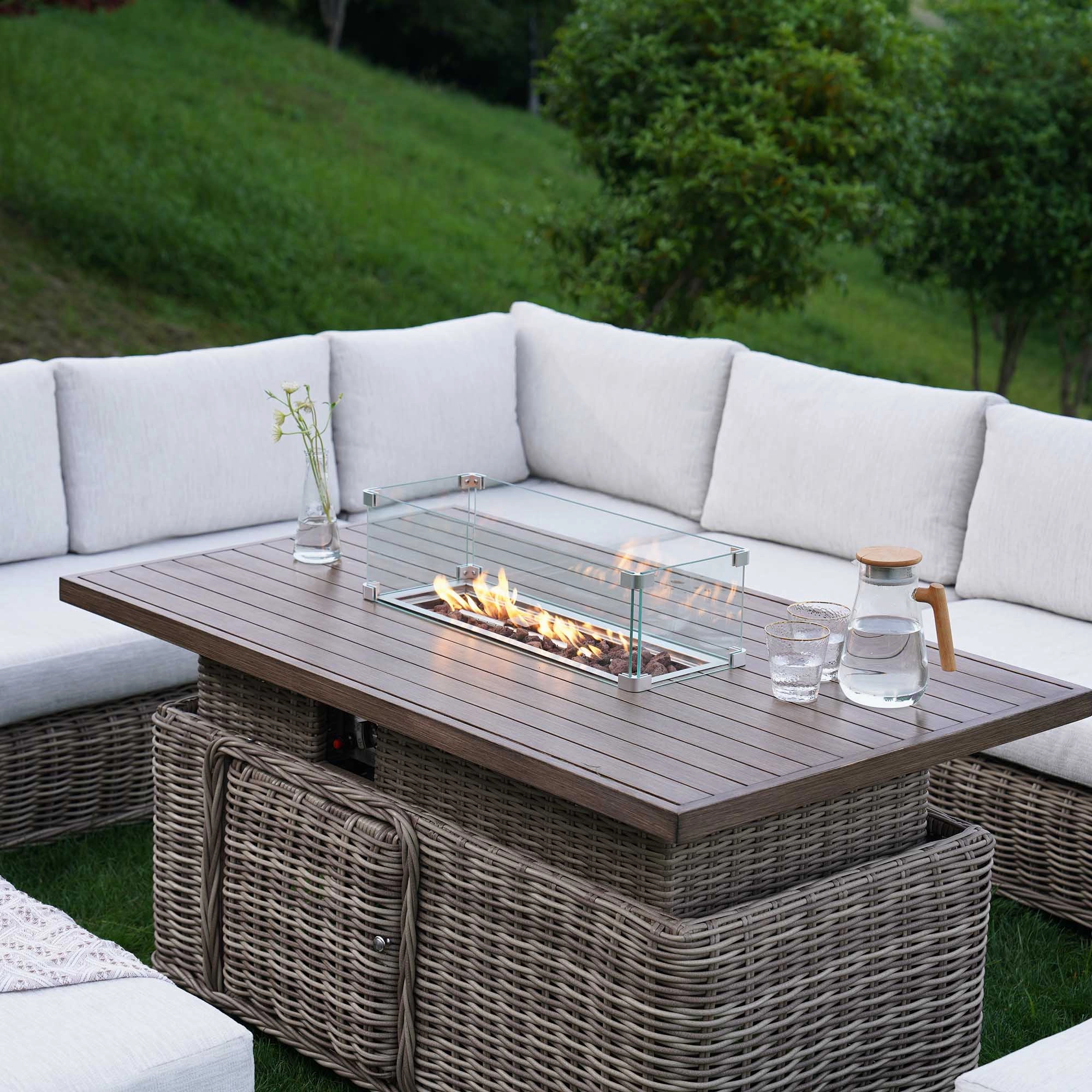 Bellagio Round Wicker Large Corner Casual Dining Set with Rising Firepit Table, Natural