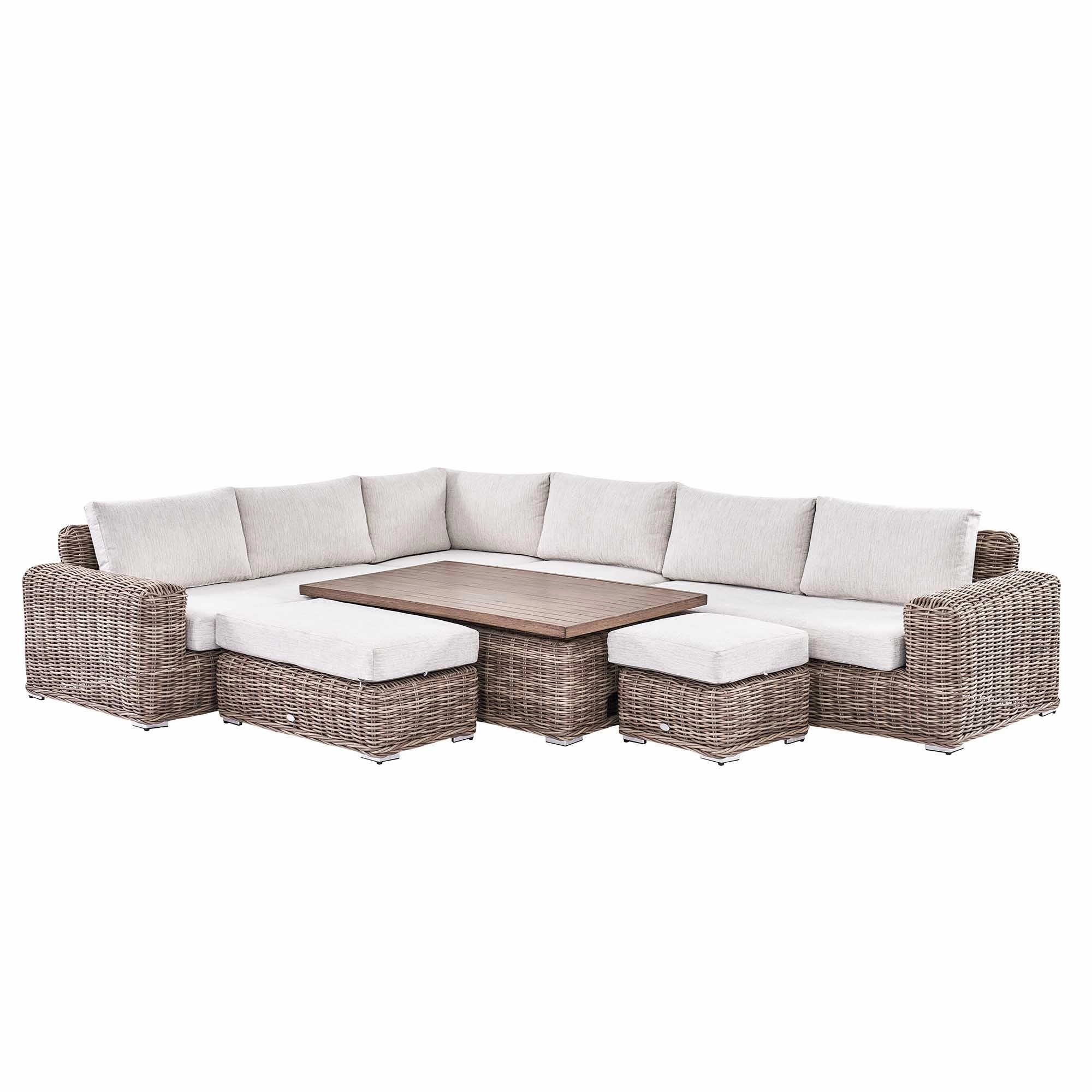 Bellagio Round Wicker Large Corner Casual Dining Set with Rising Table, Natural