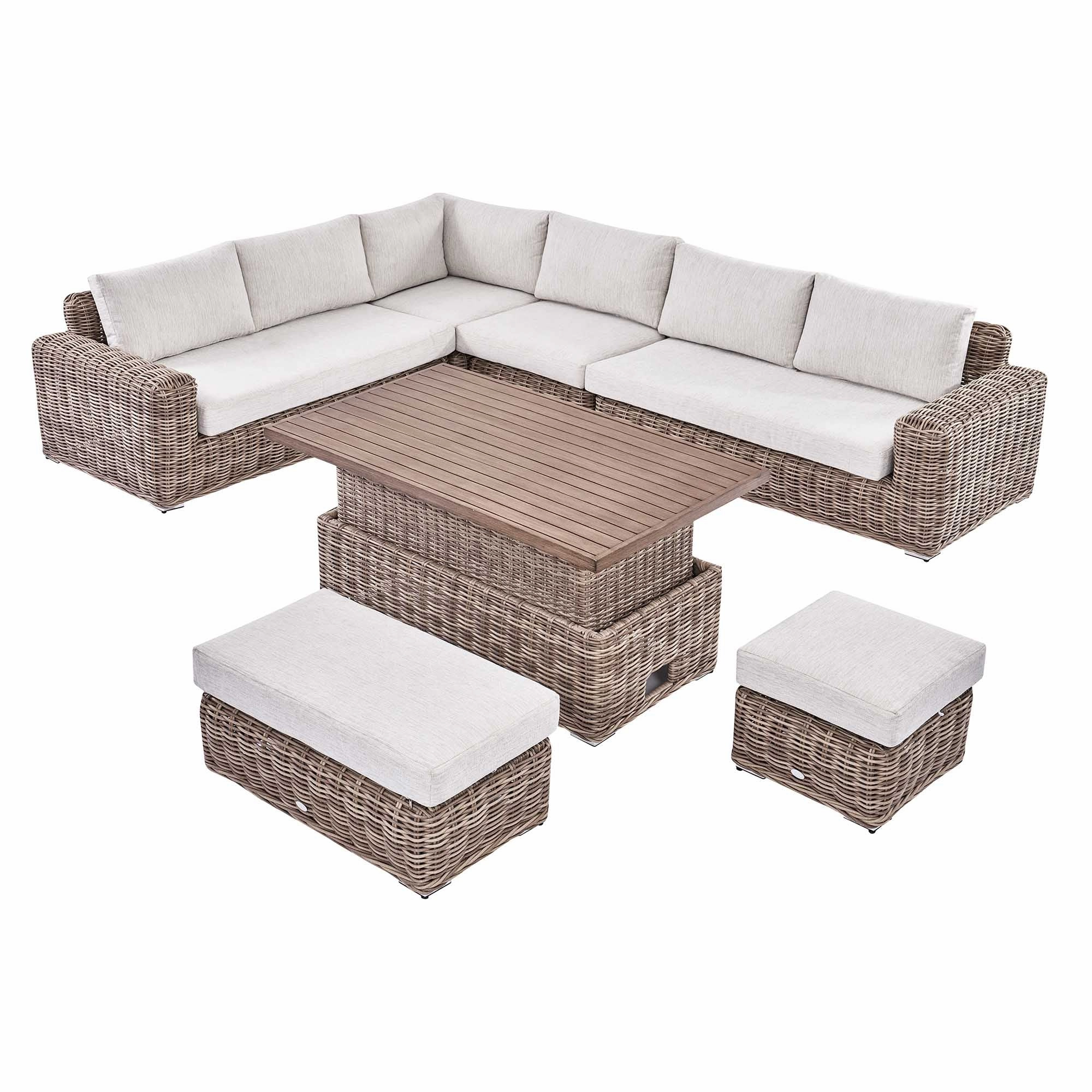 Bellagio Round Wicker Large Corner Casual Dining Set with Rising Table, Natural