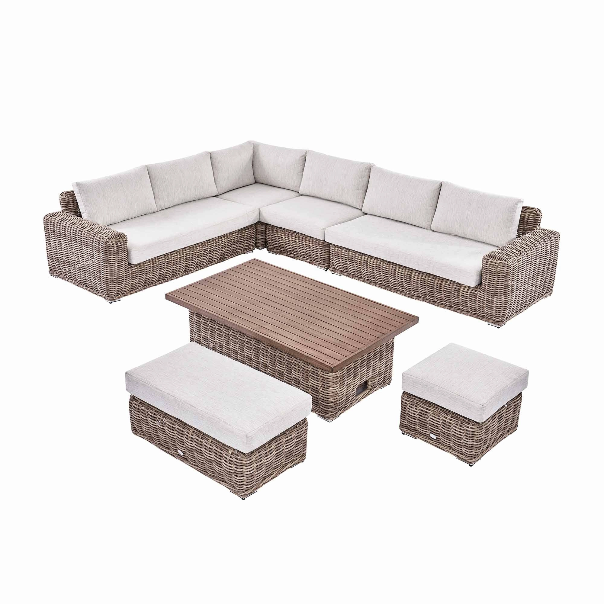 Bellagio Round Wicker Large Corner Casual Dining Set with Rising Table, Natural
