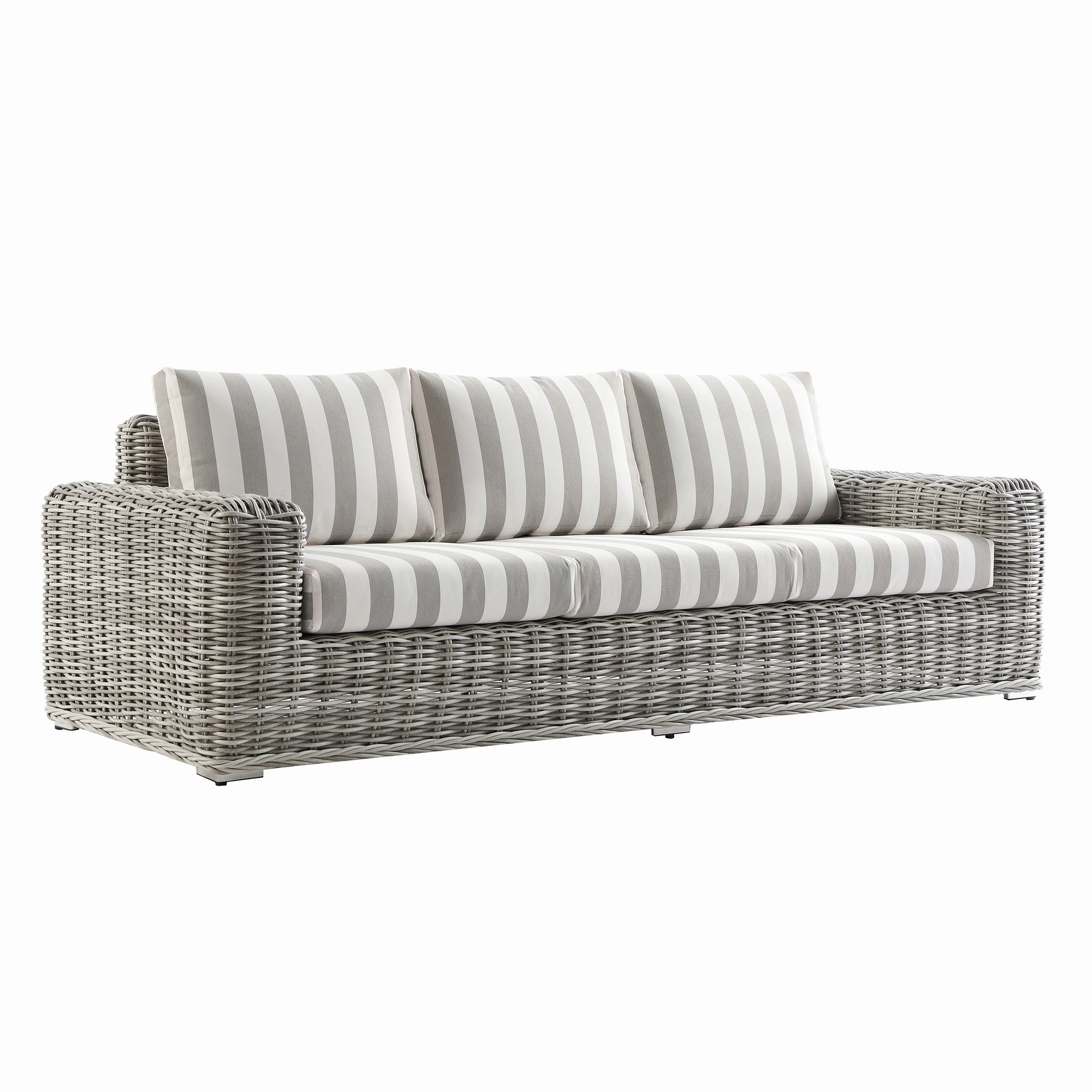 Bellagio Round Wicker Sofa Set with Coffee Table, Light Grey with Taupe Stripes