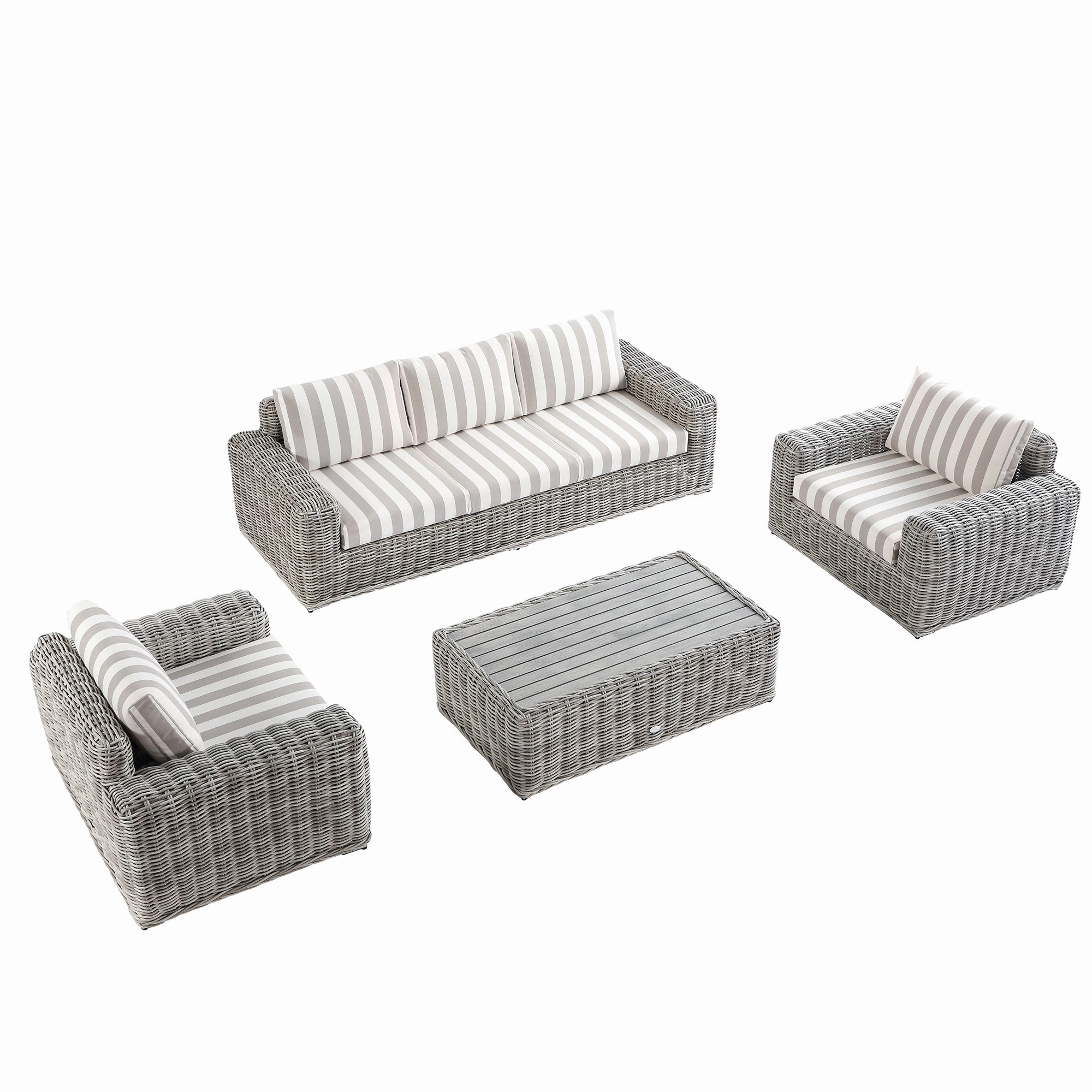 Bellagio Round Wicker Sofa Set with Coffee Table, Light Grey with Taupe Stripes