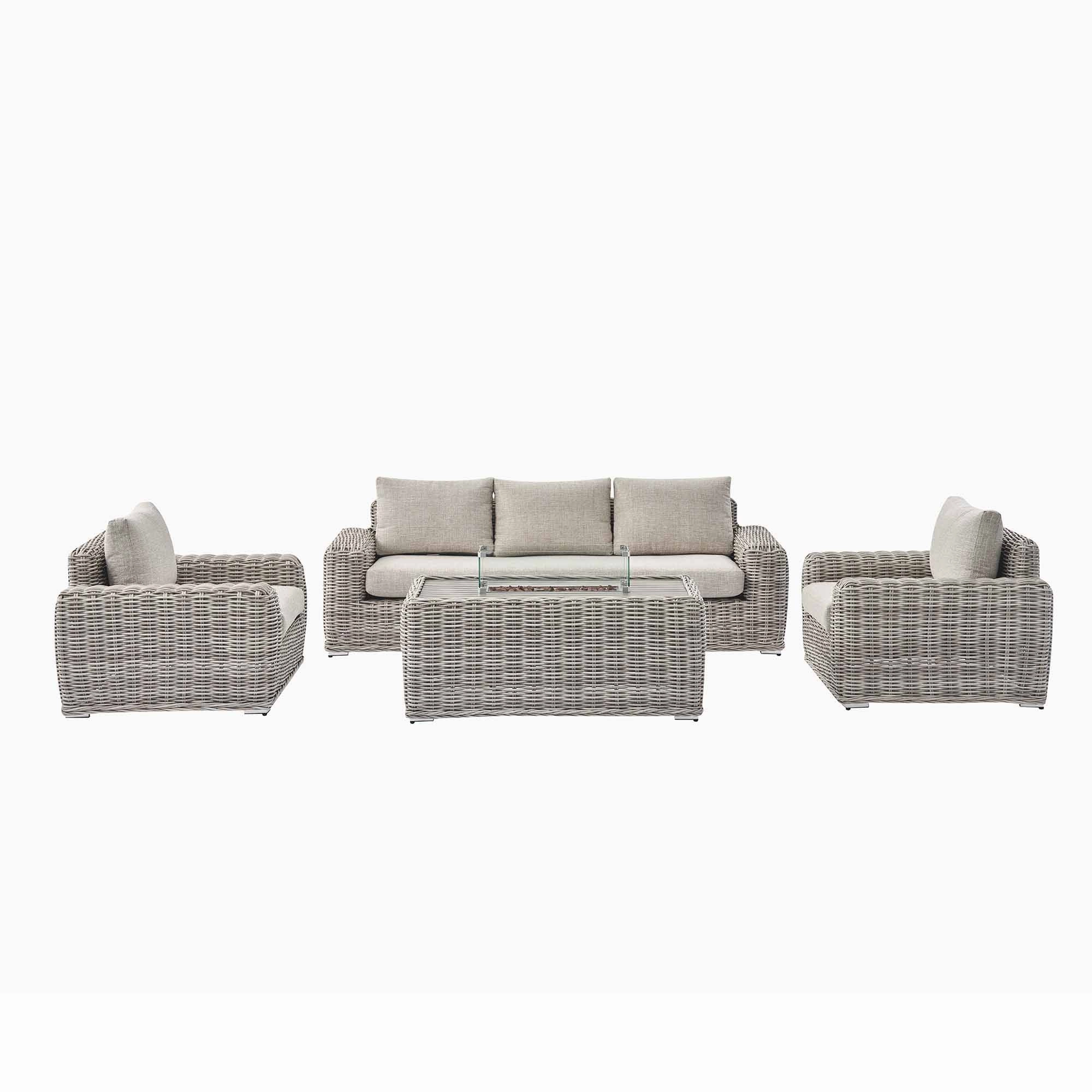 Bellagio Round Wicker Sofa Set with Firepit Coffee Table, Light Grey