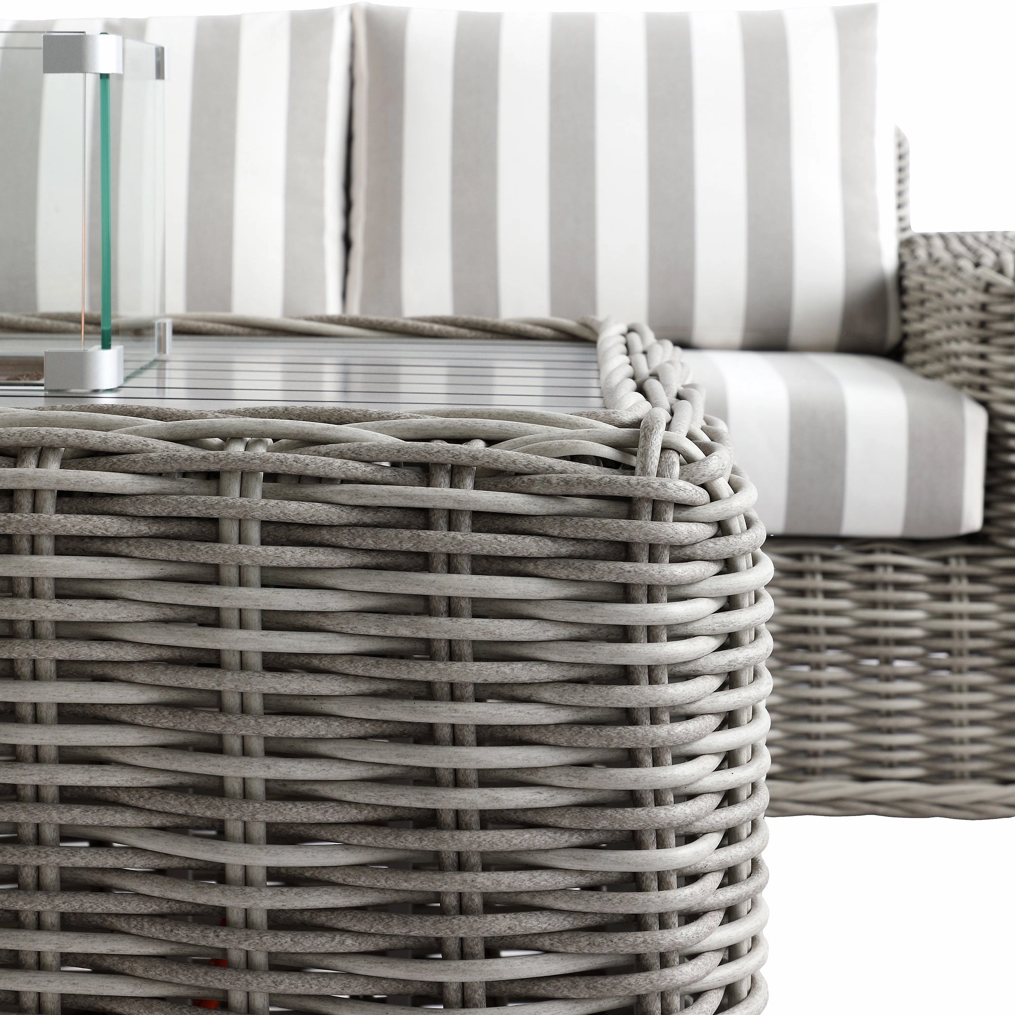 Bellagio Round Wicker Sofa Set with Firepit Coffee Table, Light Grey with Taupe Stripe