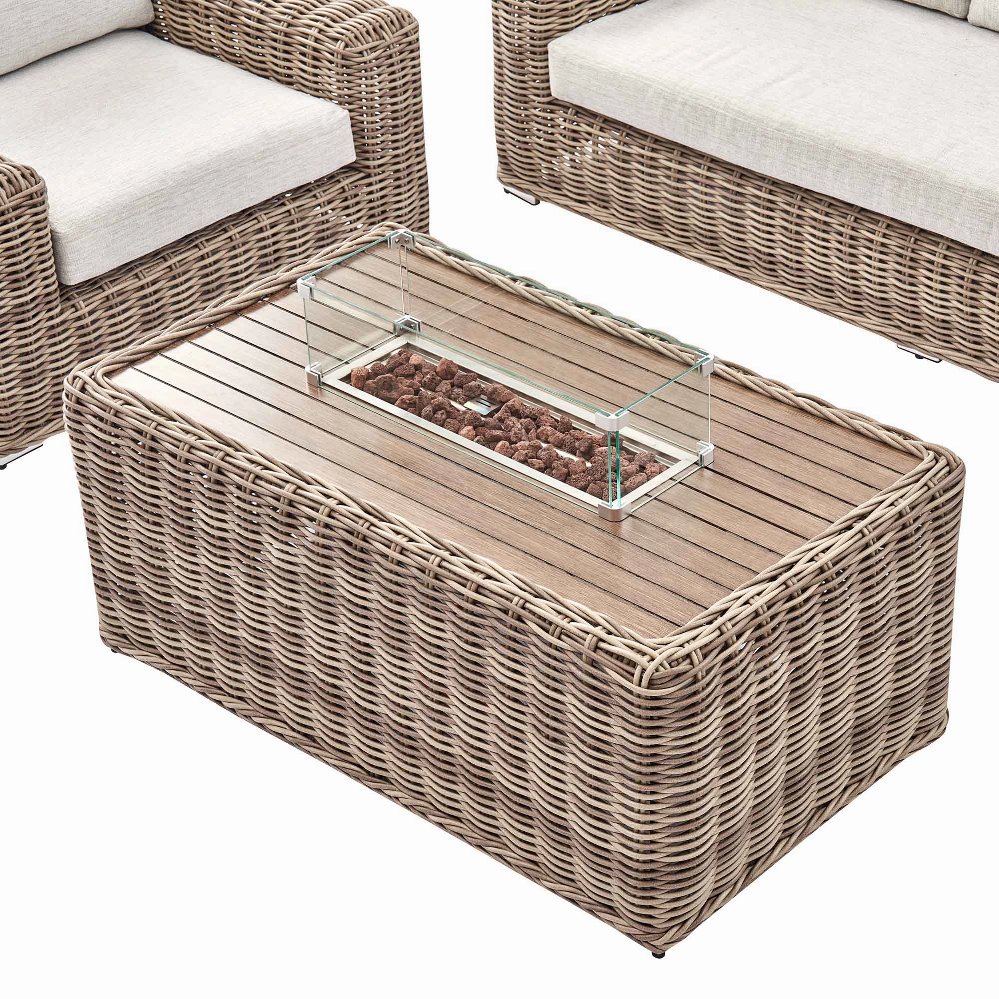 Bellagio Round Wicker Sofa Set with Firepit Coffee Table, Natural