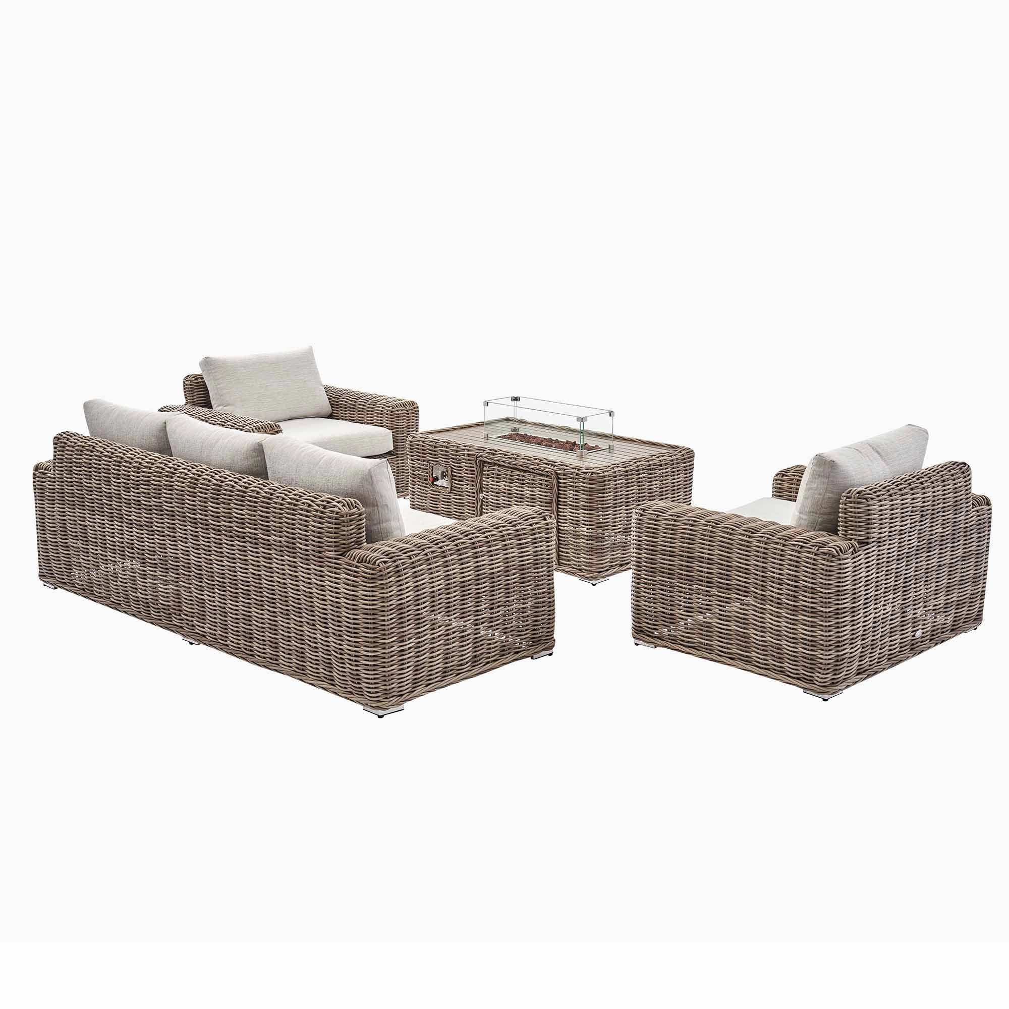 Bellagio Round Wicker Sofa Set with Firepit Coffee Table, Natural