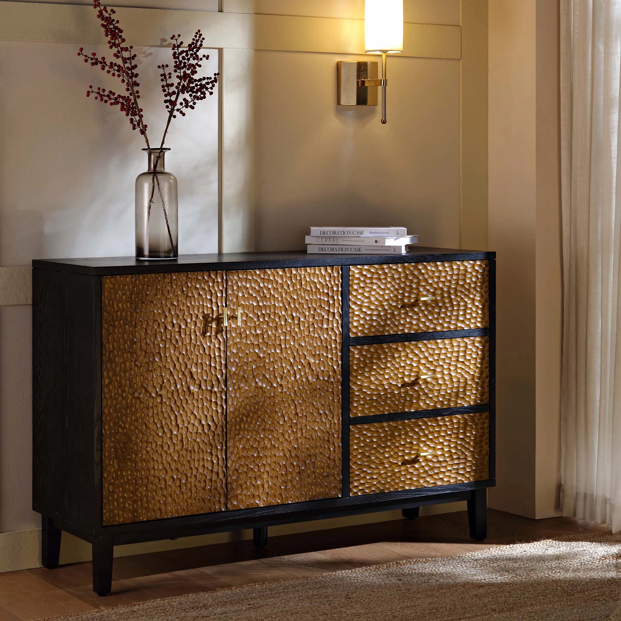 Bianca Chip Carved 2-Door 3-Drawer Sideboard, Antique Bronze & Black