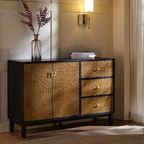 Bianca Chip Carved 2-Door 3-Drawer Sideboard, Antique Bronze & Black