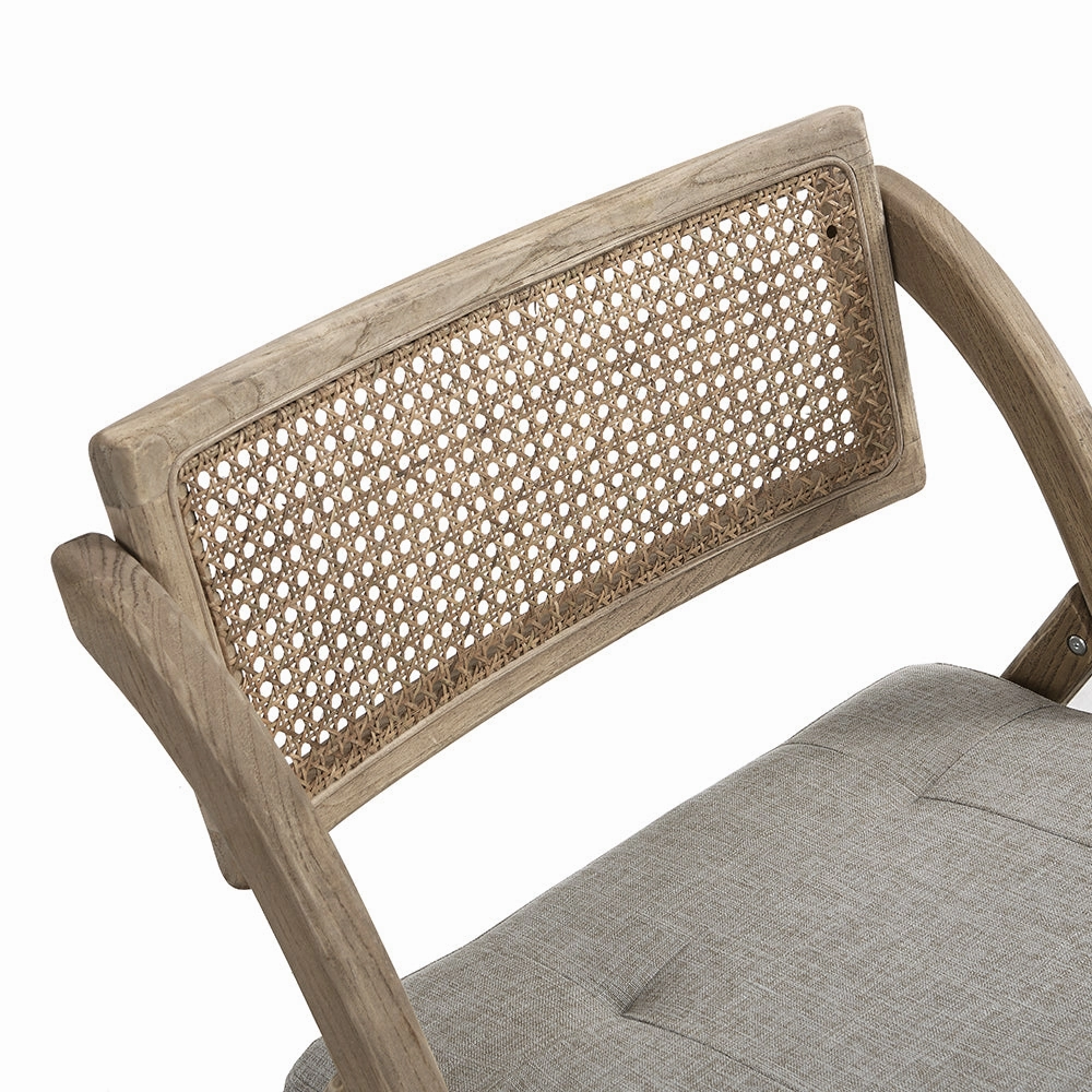 Bordon Natural Cane Rattan Folding Chair with Grey Upholstered Seat