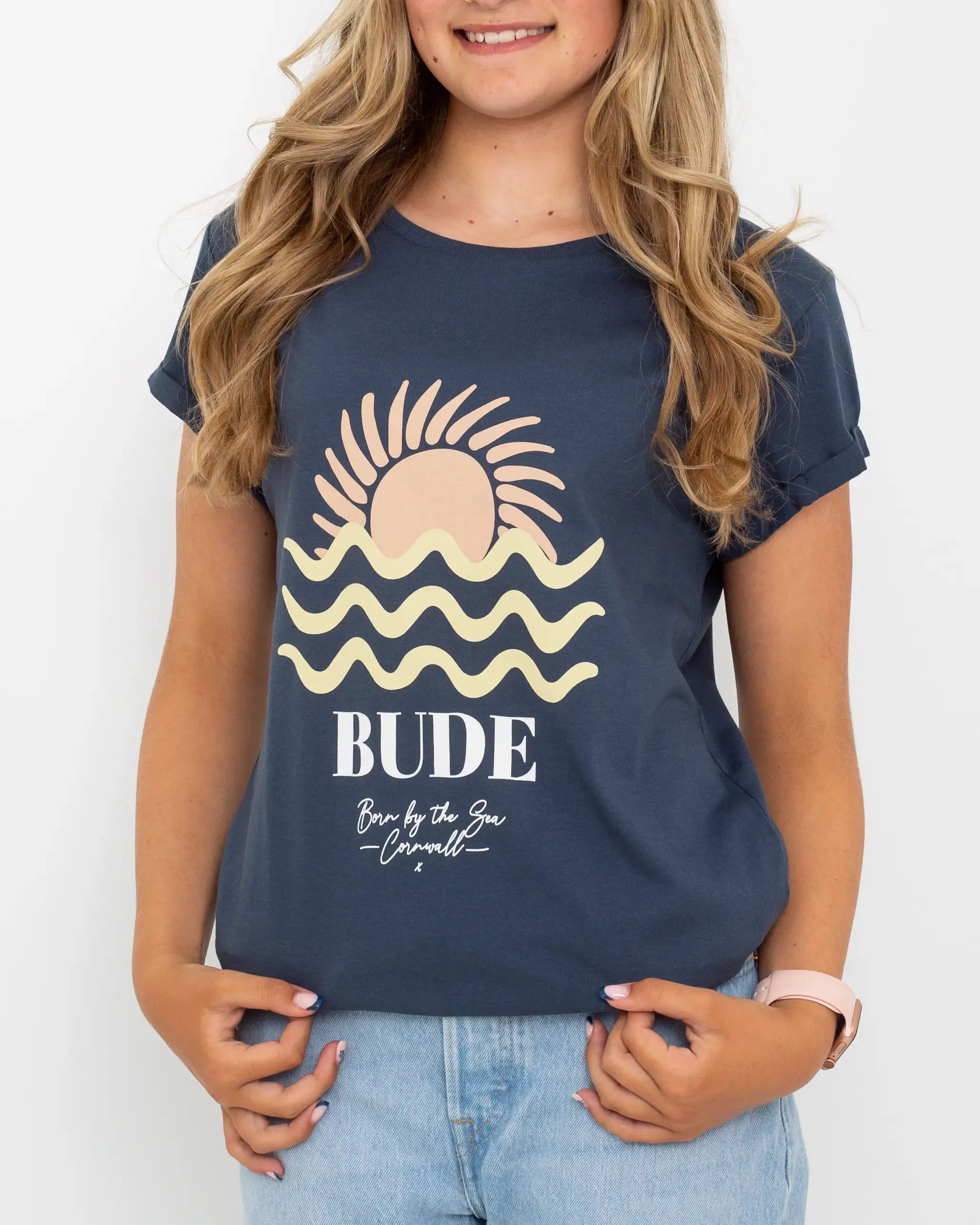 Born by the Sea Bude T-Shirt in Denim Blue