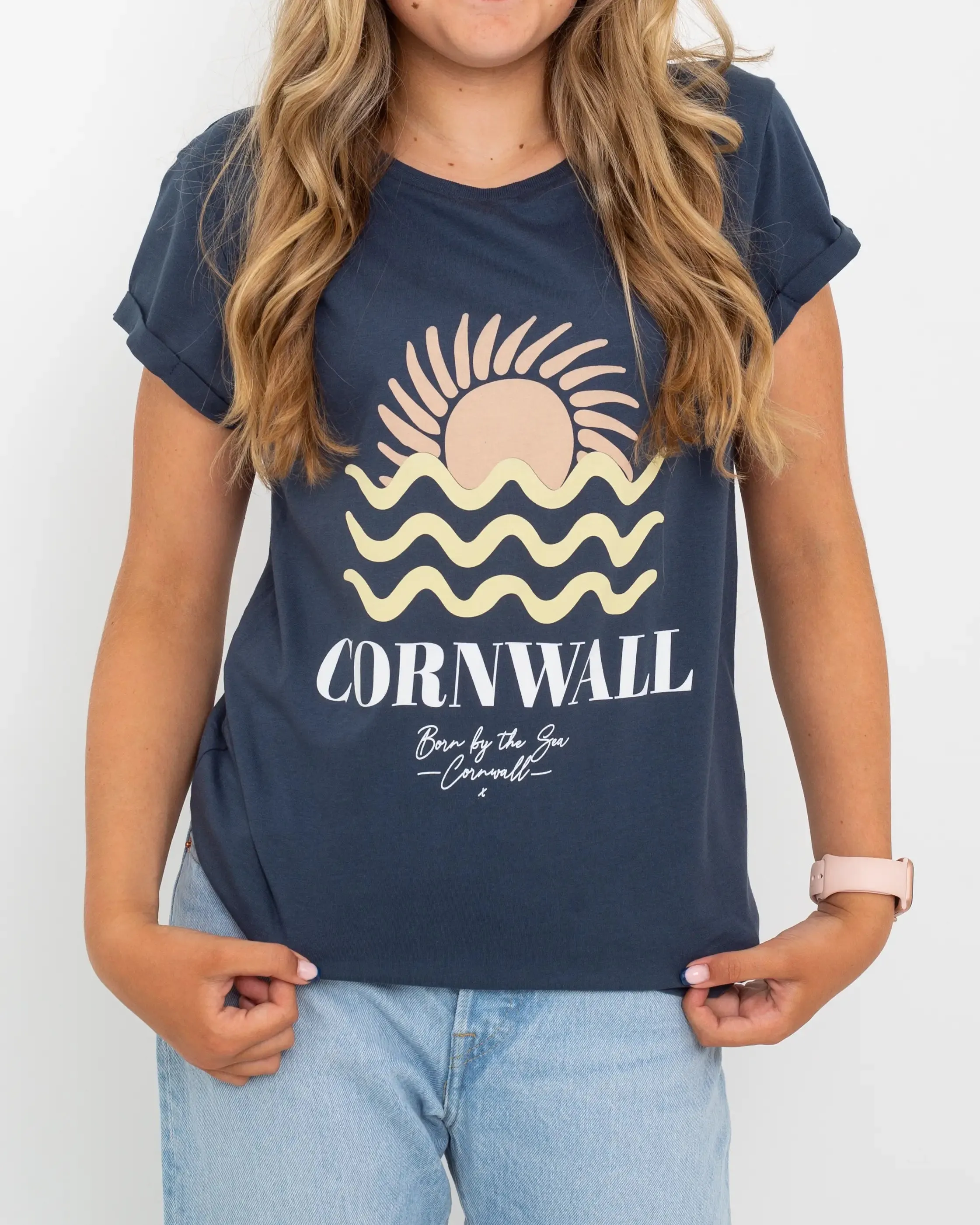 Born by the Sea Cornwall T-Shirt in Denim Blue