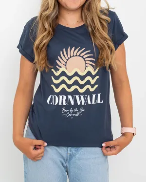 Born by the Sea Cornwall T-Shirt in Denim Blue