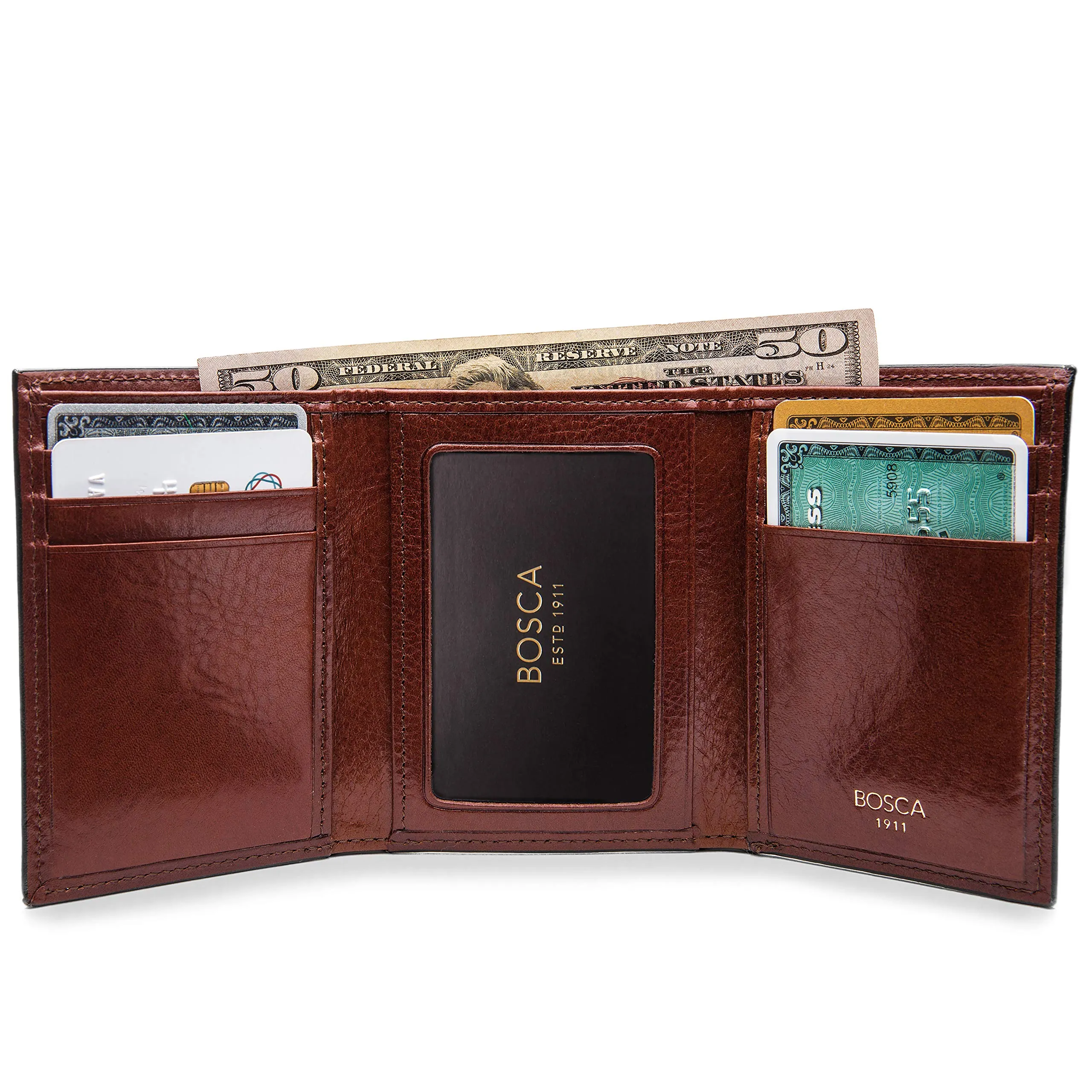 Bosca Mens Old Leather Collection Double ID Trifold Wallet Bags Bosca