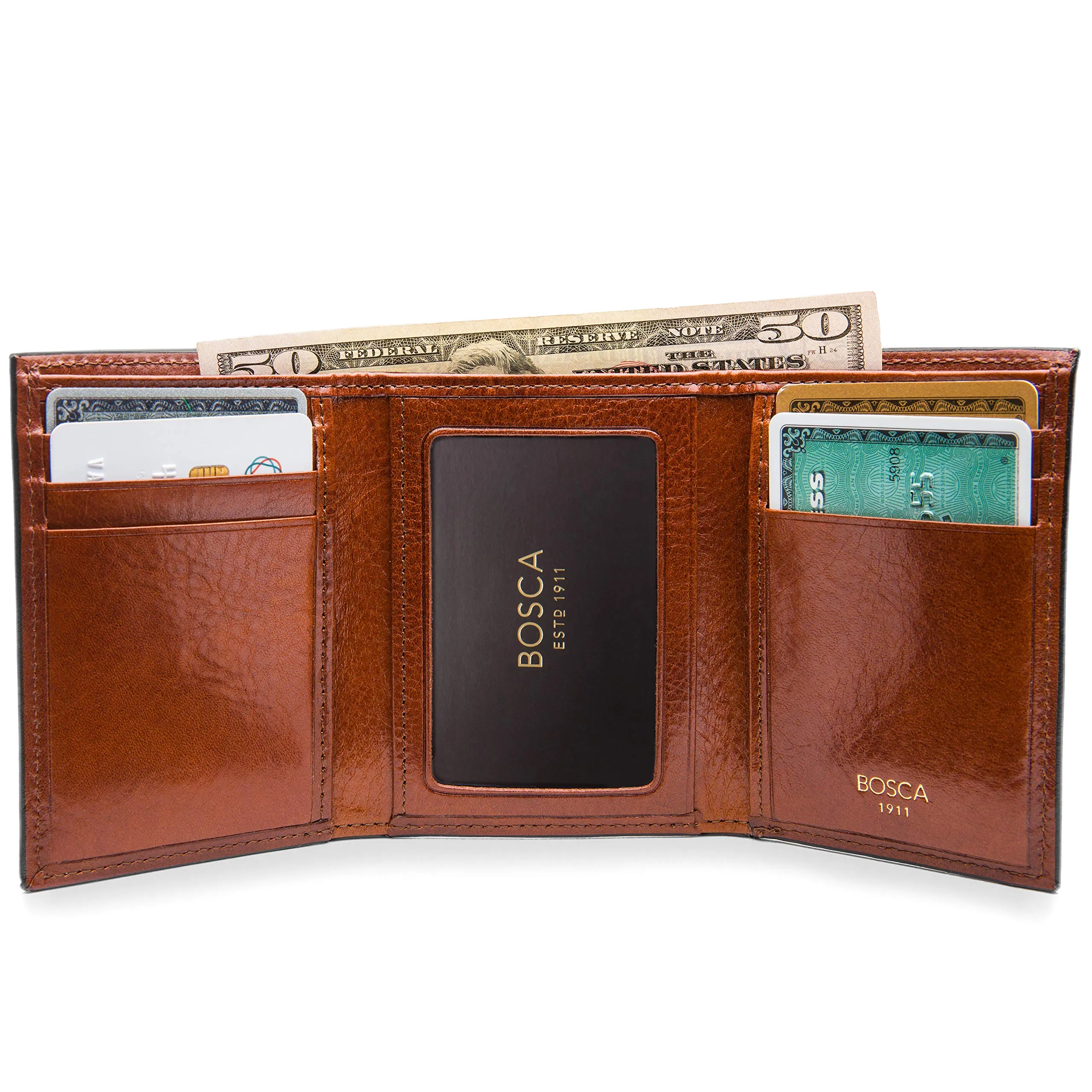 Bosca Mens Old Leather Collection Double ID Trifold Wallet Bags Bosca
