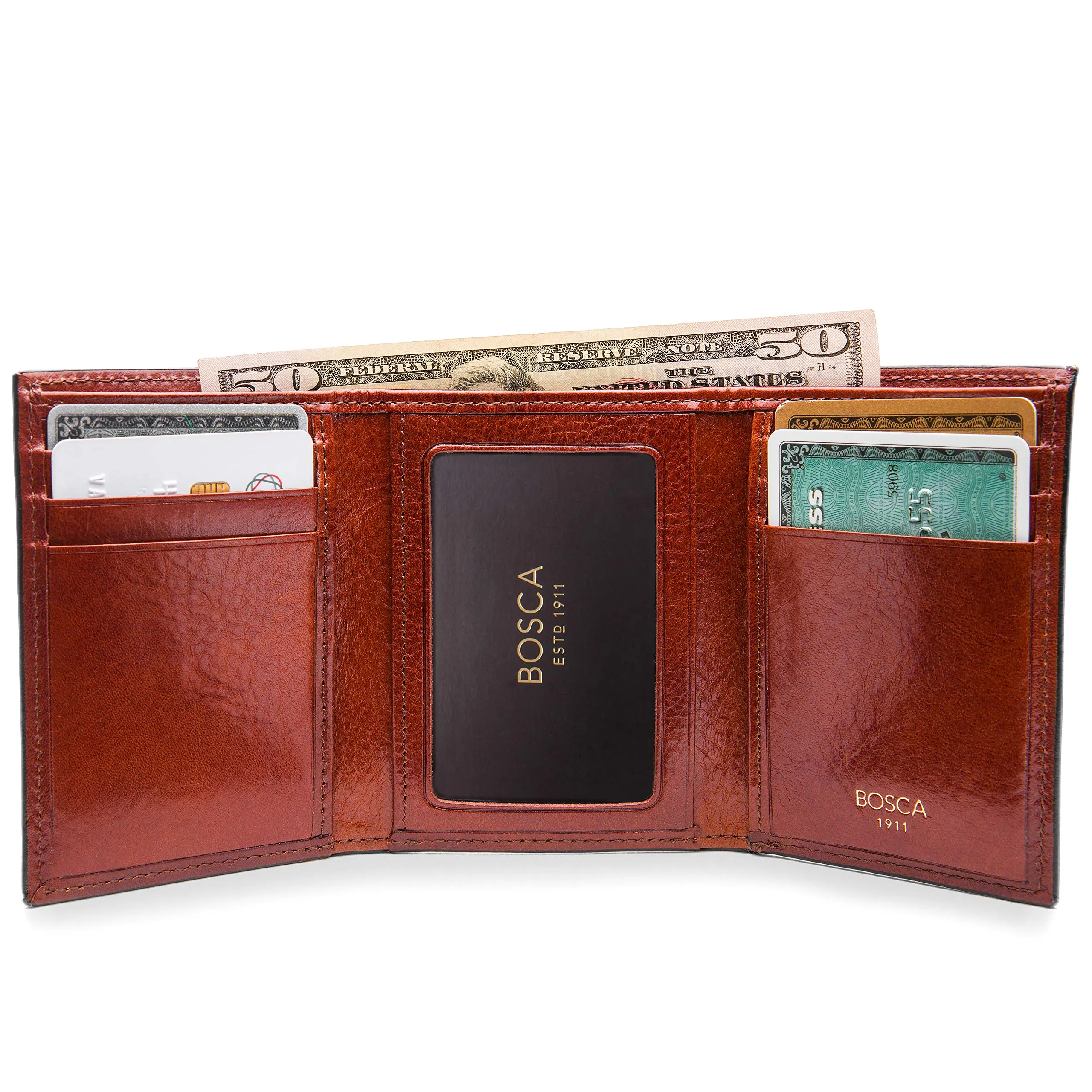 Bosca Mens Old Leather Collection Double ID Trifold Wallet Bags Bosca
