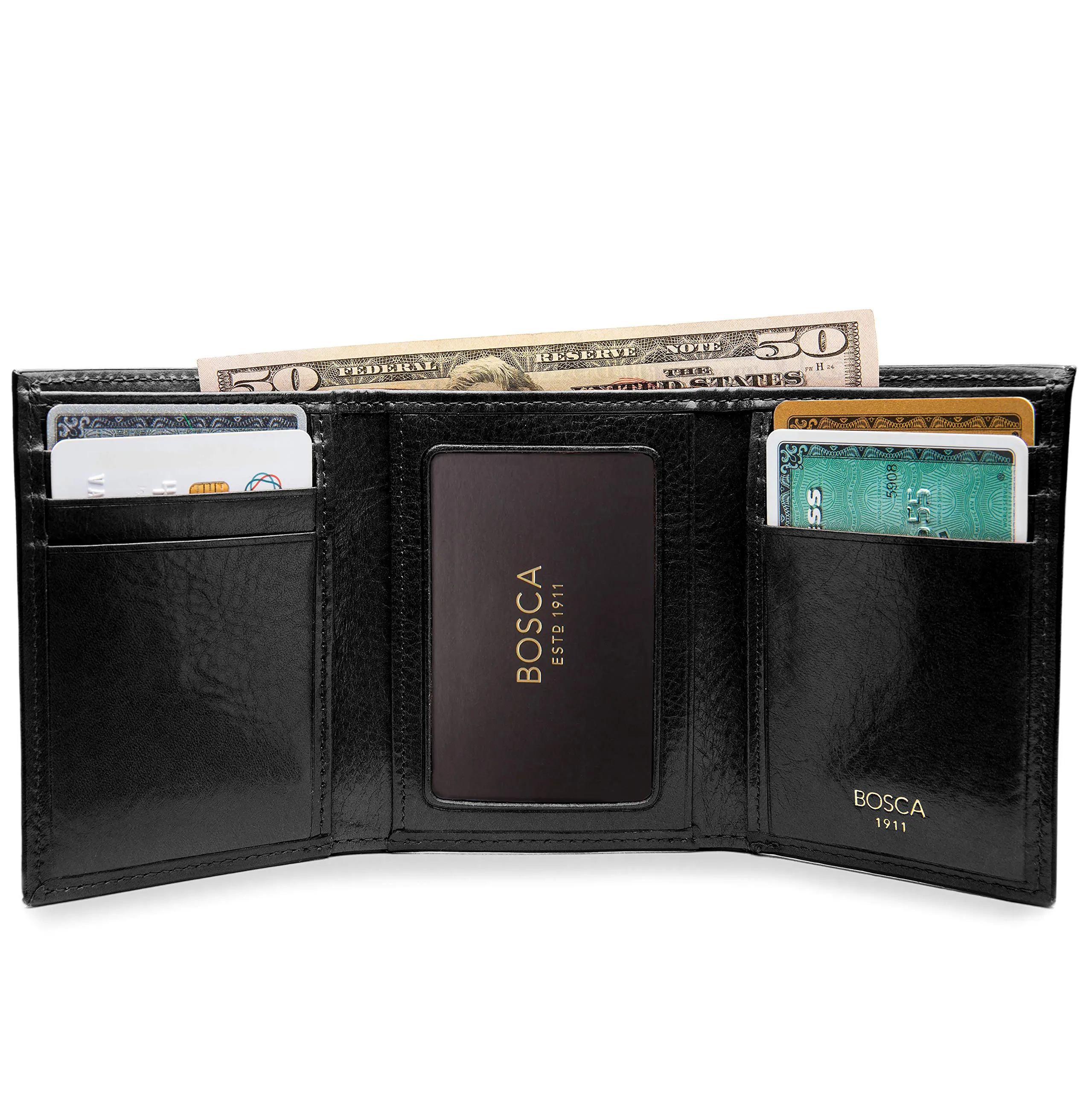 Bosca Mens Old Leather Collection Double ID Trifold Wallet Bags Bosca