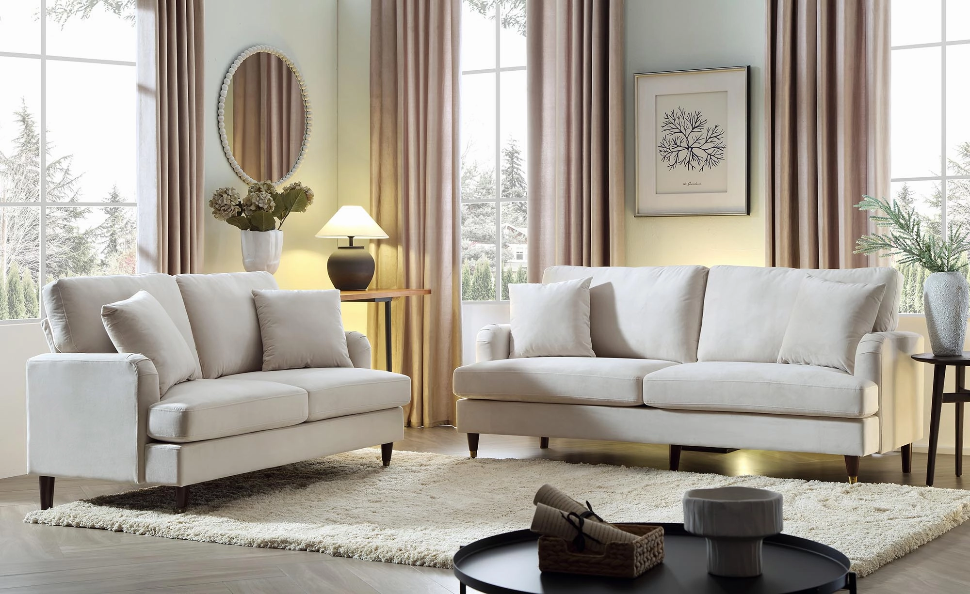 Brigette 2-Seater Beige Velvet Sofa with Antique Brass Castor Legs