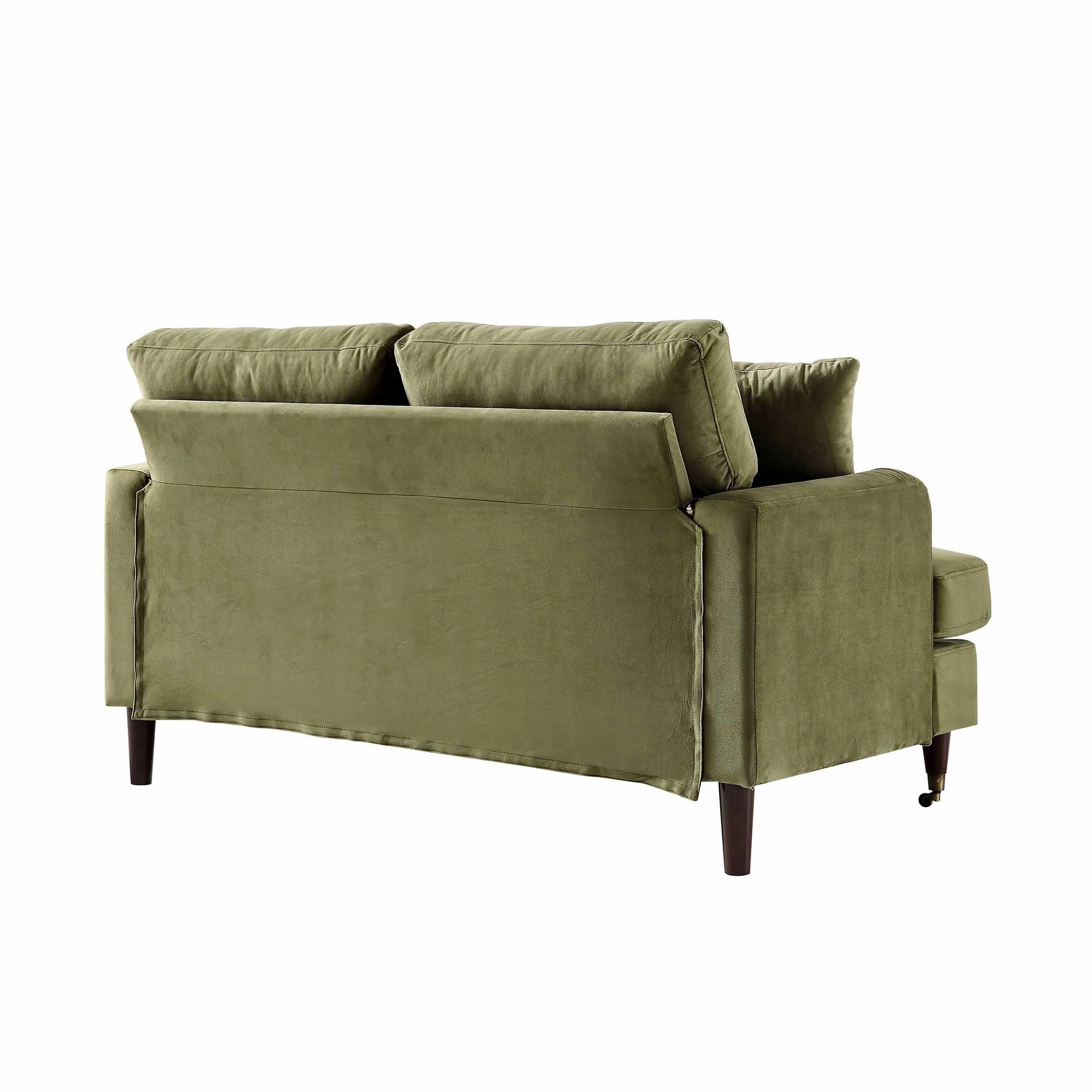 Brigette 2-Seater Olive Green Velvet Sofa with Antique Brass Castor Legs