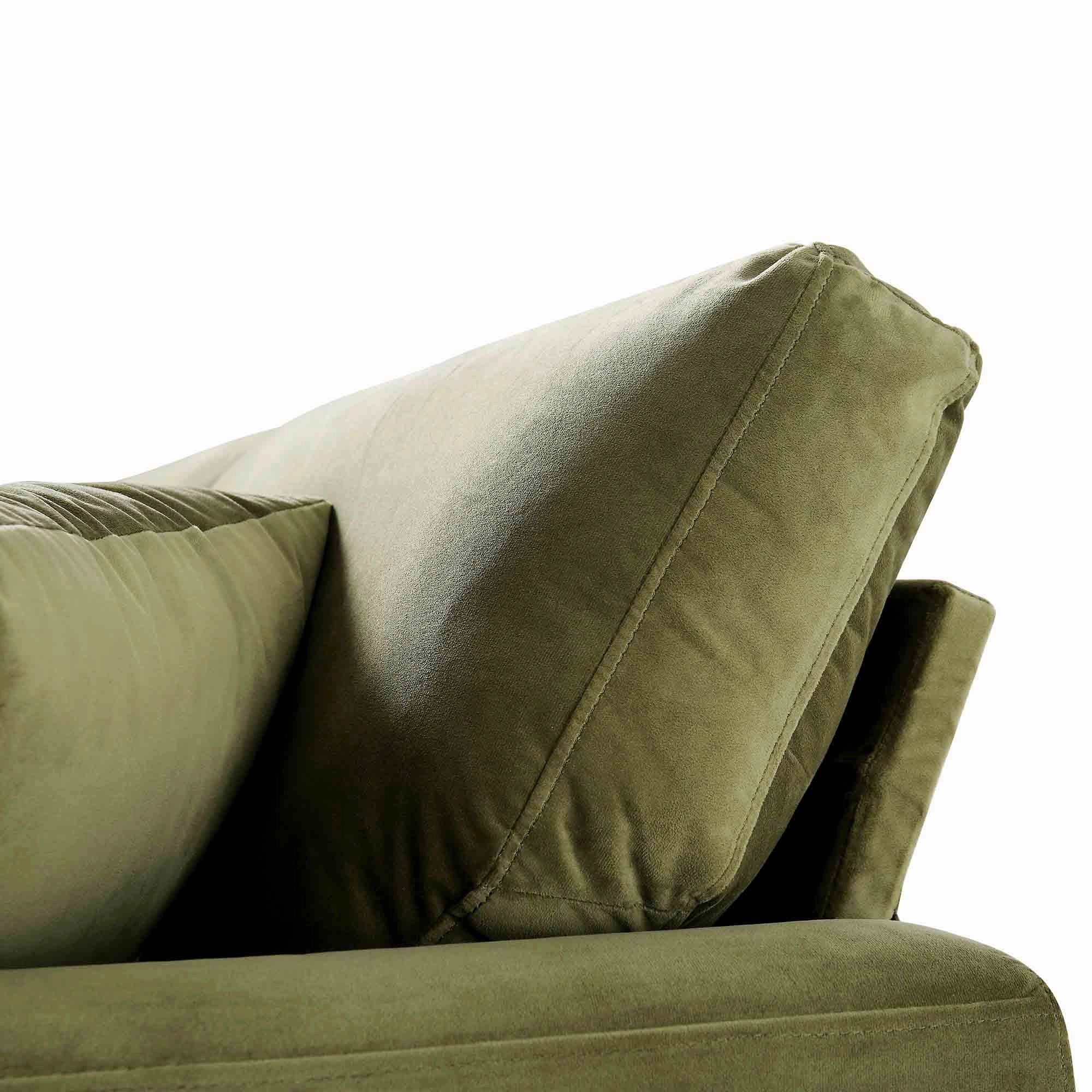 Brigette 2-Seater Olive Green Velvet Sofa with Antique Brass Castor Legs