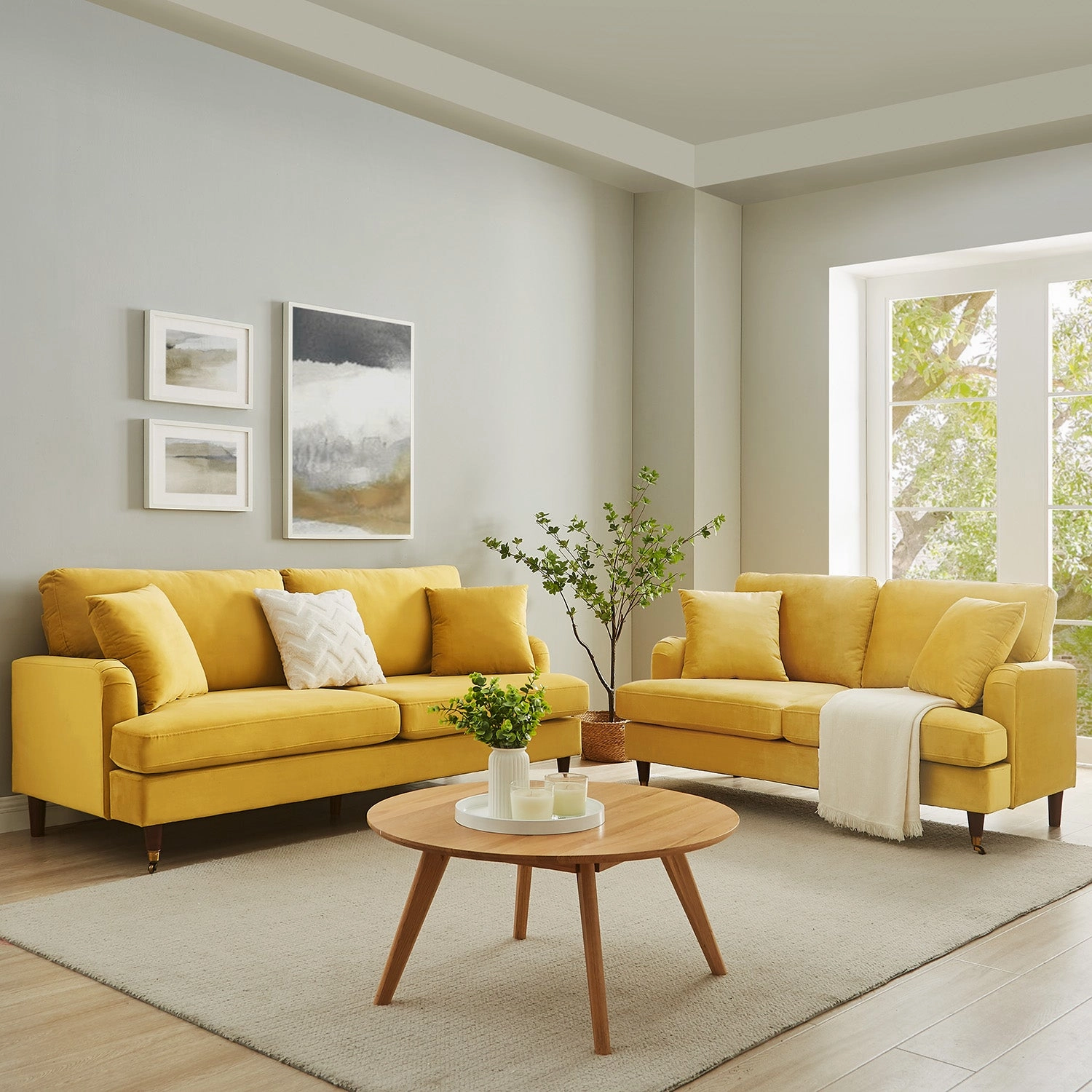 Brigette 3-Seater Mustard Velvet Sofa with Antique Brass Castor Legs