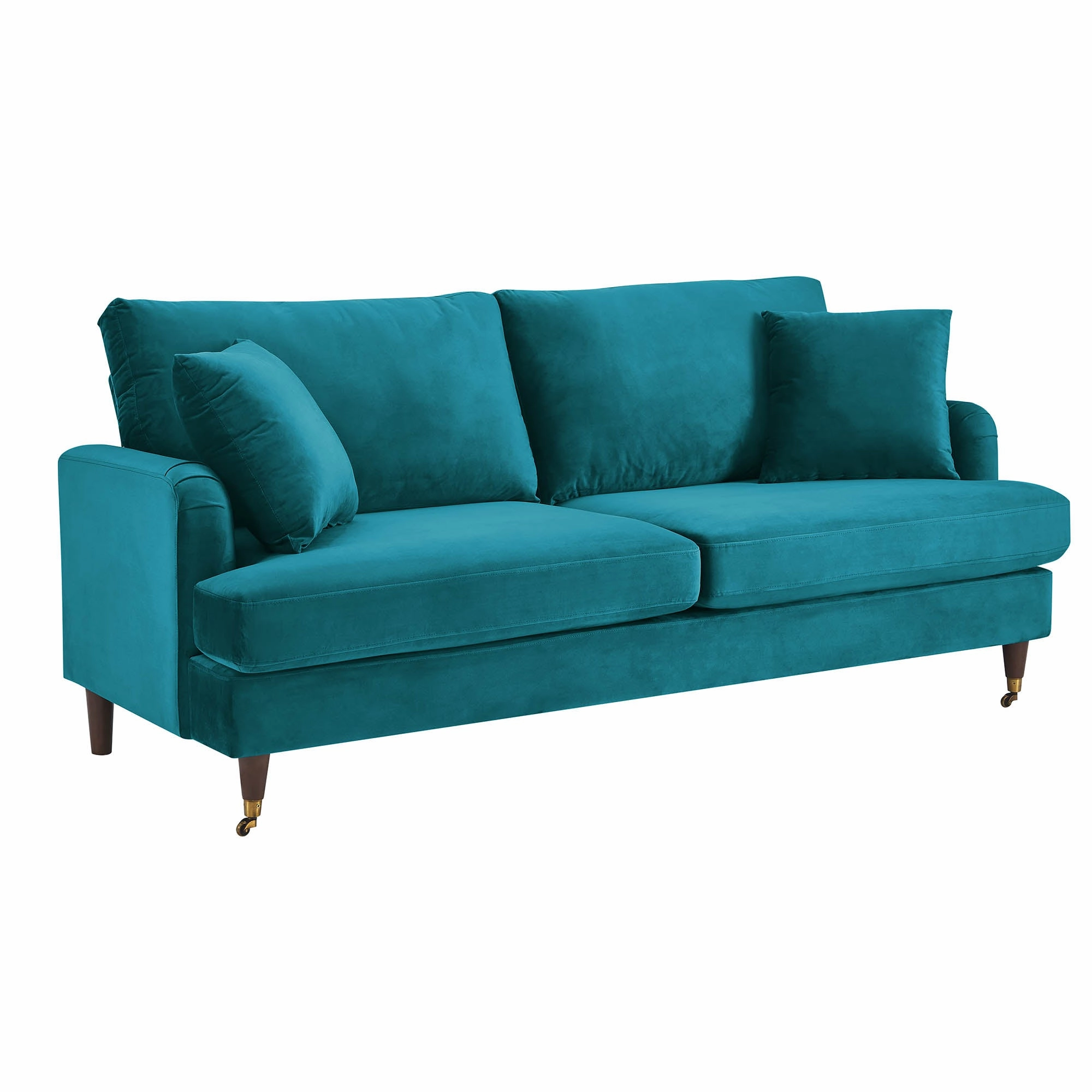 Brigette 3-Seater Teal Velvet Sofa with Antique Brass Castor Legs
