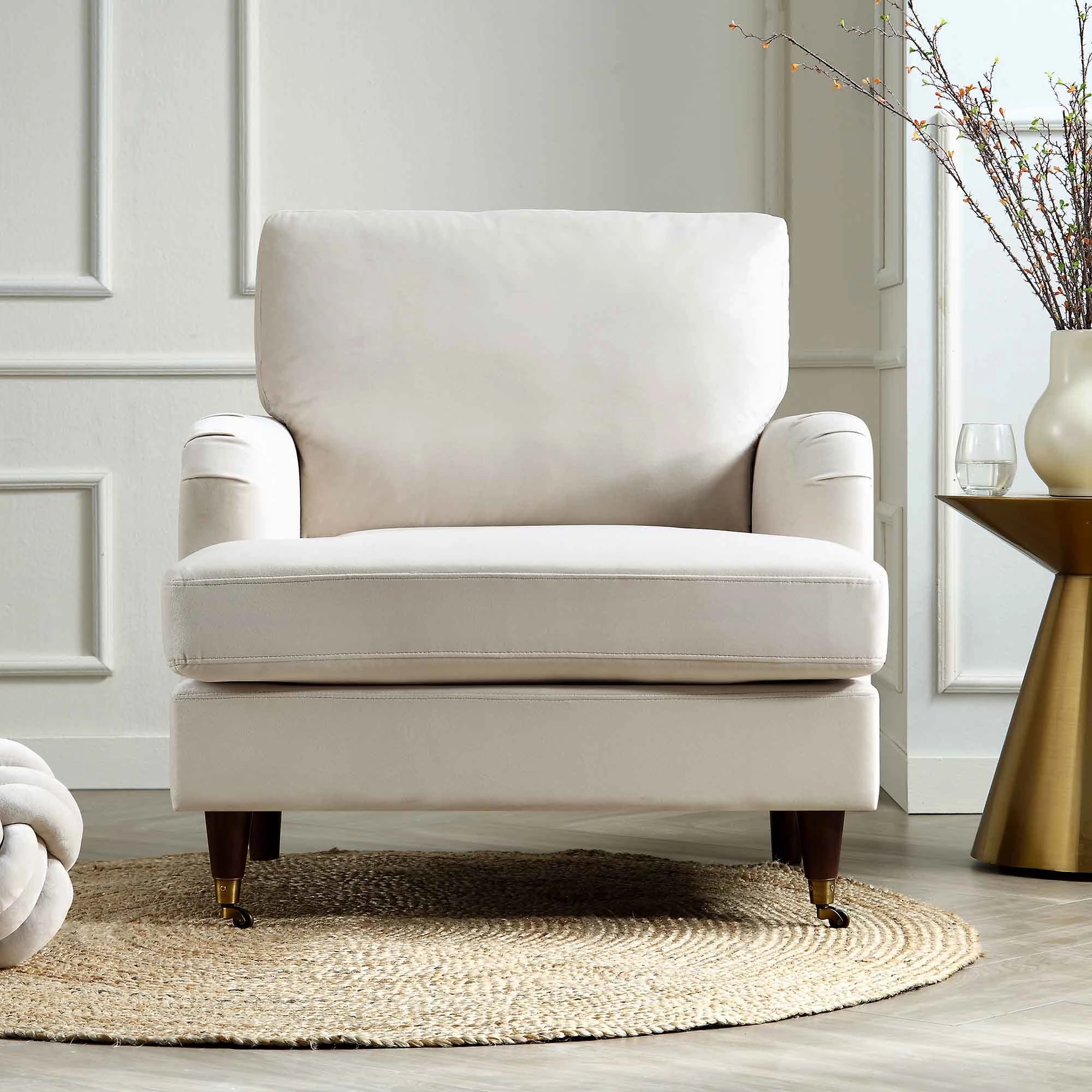 Brigette Beige Velvet Armchair with Antique Brass Castor Legs