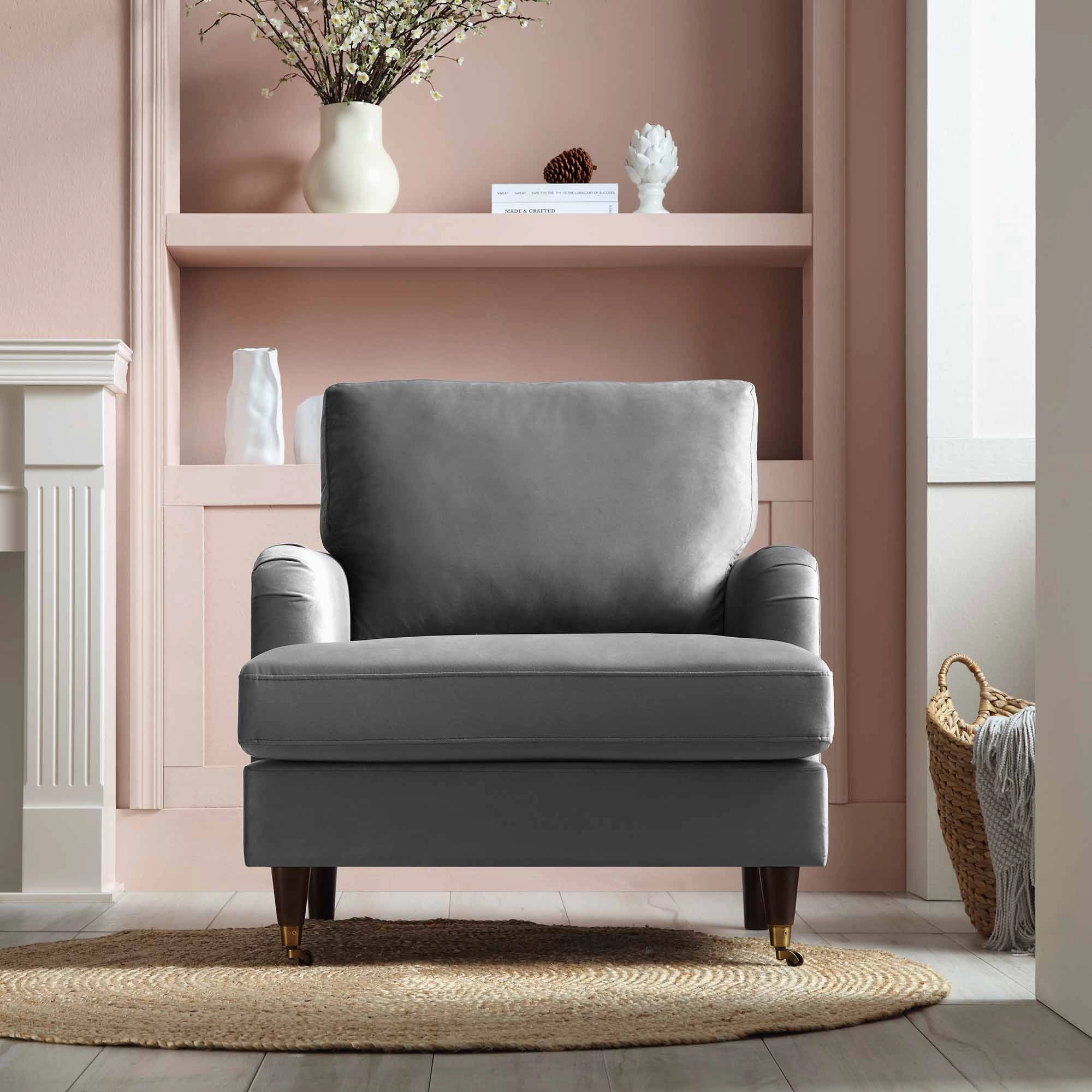 Brigette Grey Velvet Armchair with Antique Brass Castor Legs