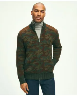 Brooks Brothers Men's Merino Wool Stand Collar Camouflage Zip Cardigan Sweater Green Brooks Brothers
