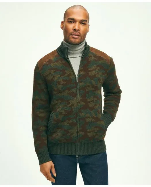 Brooks Brothers Men's Merino Wool Stand Collar Camouflage Zip Cardigan Sweater Green Brooks Brothers
